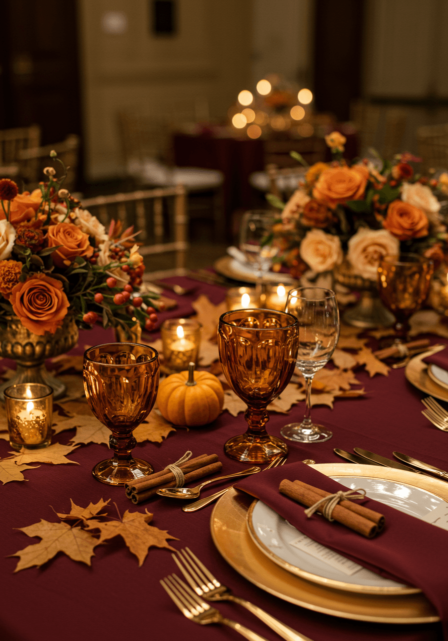 Elegant wedding tablescape with amber goblets and cinnamon stick bundles