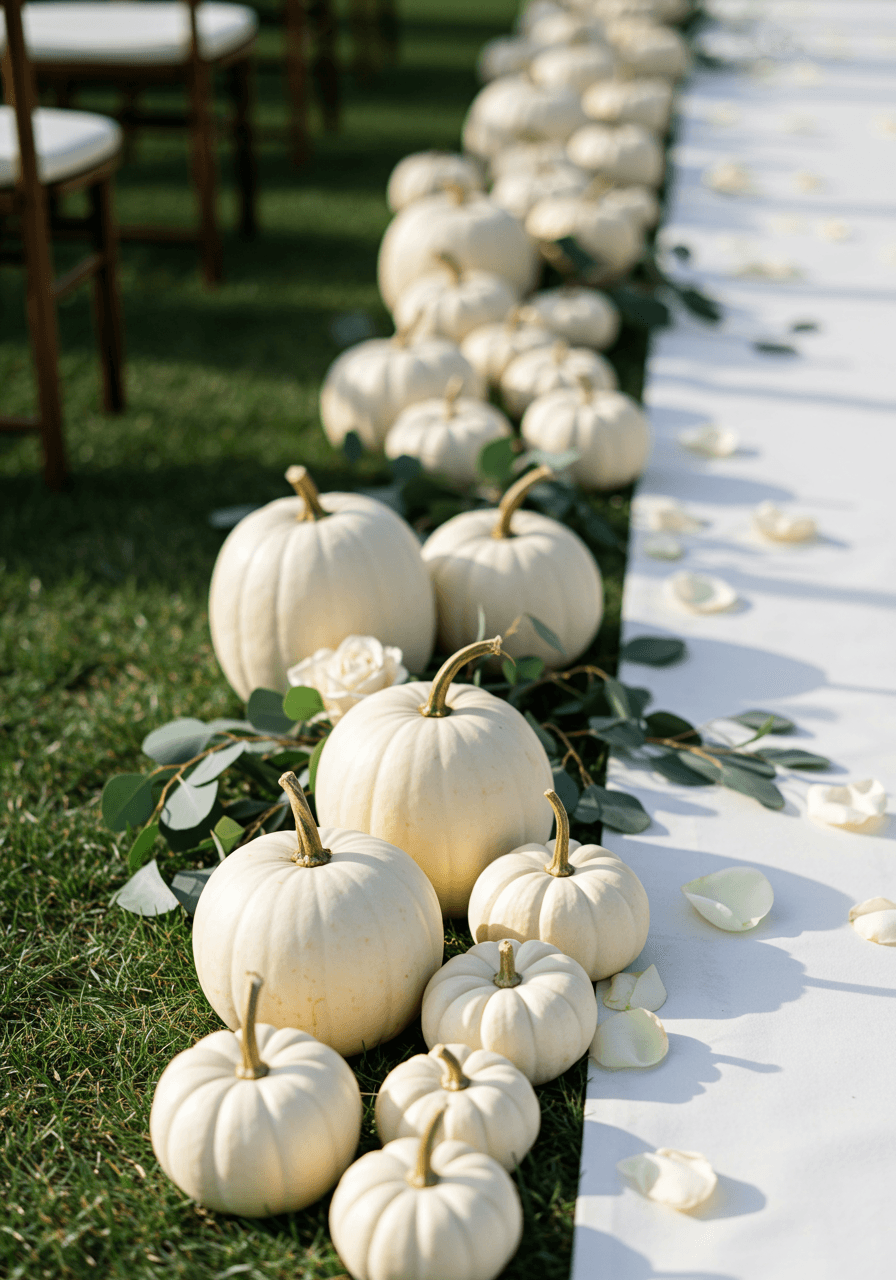 Close-up of white pumpkins arranged along white fabric aisle runner with eucalyptus