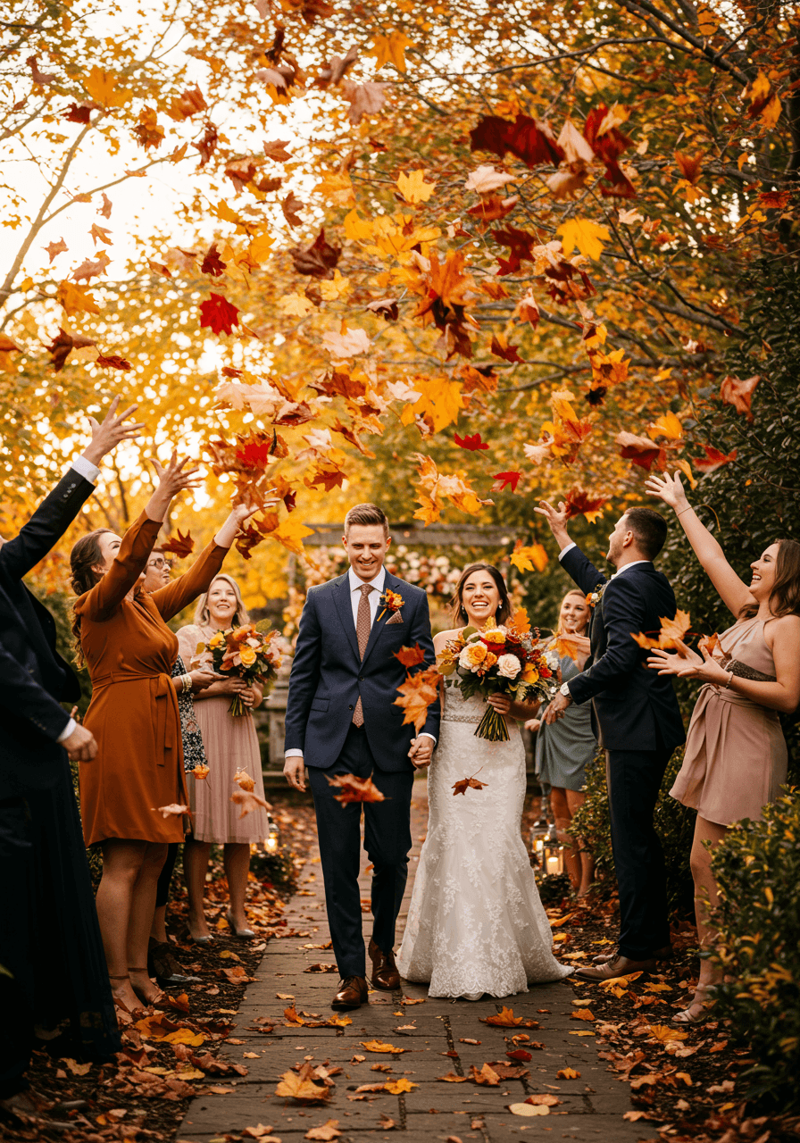 Wide shot of leaf shower celebration with guests in elegant fall wedding attire
