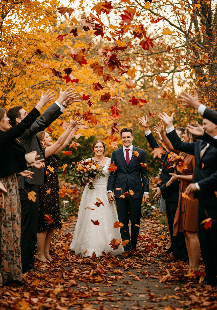 Wedding guests joyfully throwing autumn leaves in outdoor garden celebration