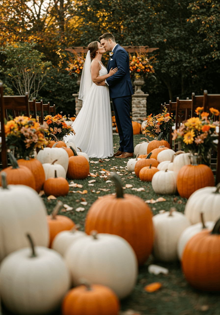 Couple sharing kiss during ceremony with white pumpkin aisle décor
