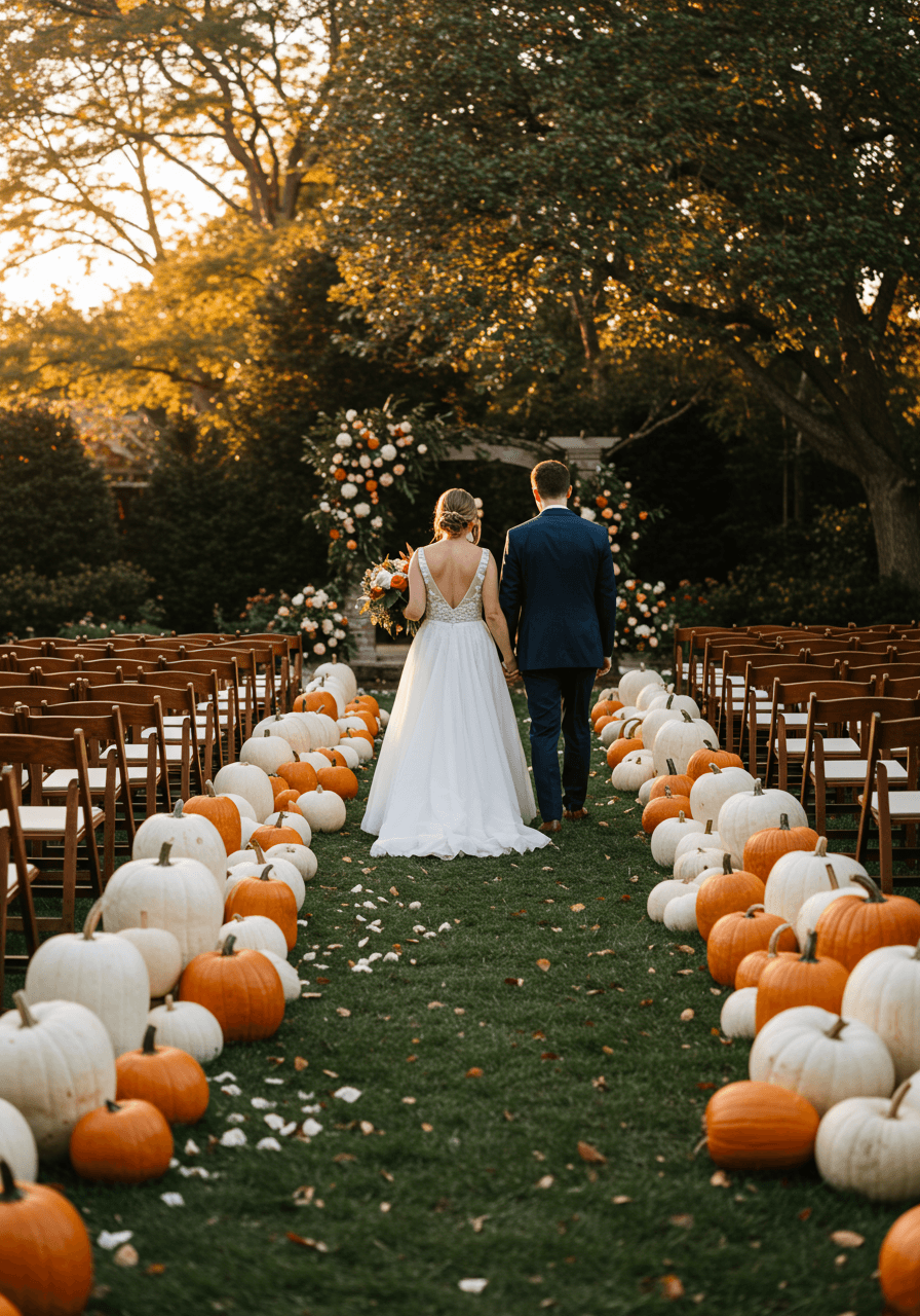 Bride and groom walking down aisle lined with white pumpkins in outdoor garden
