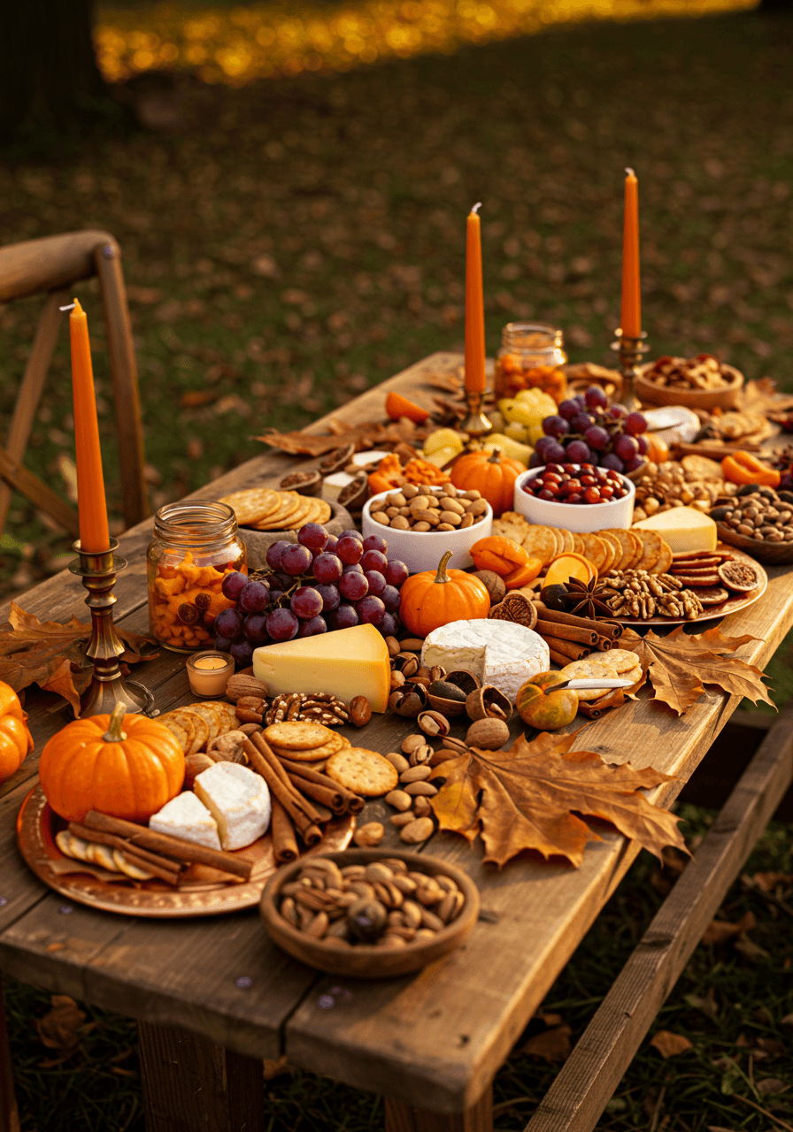 Harvest grazing table with pumpkin spice foods on rustic wooden farm table