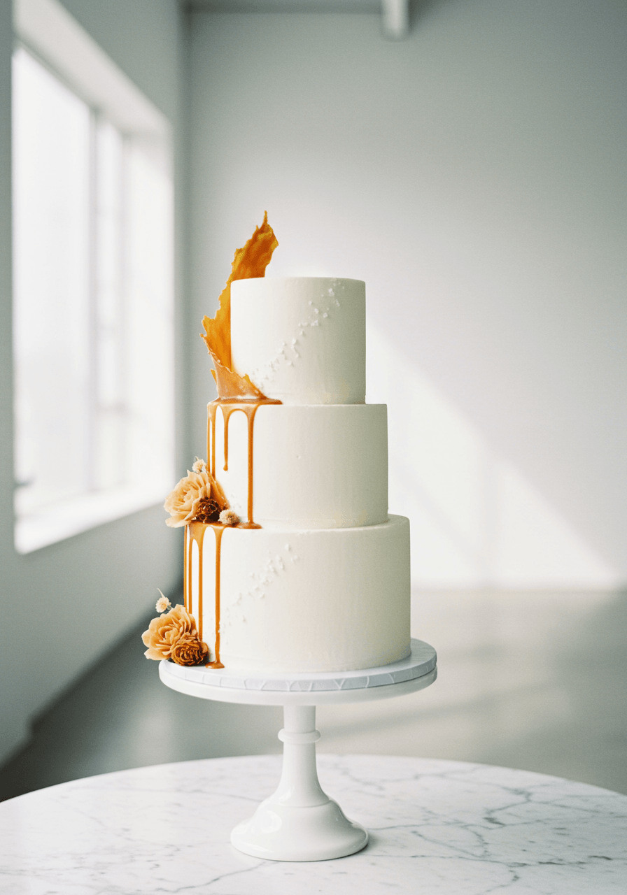 Minimalist three-tier white wedding cake with salted caramel drip