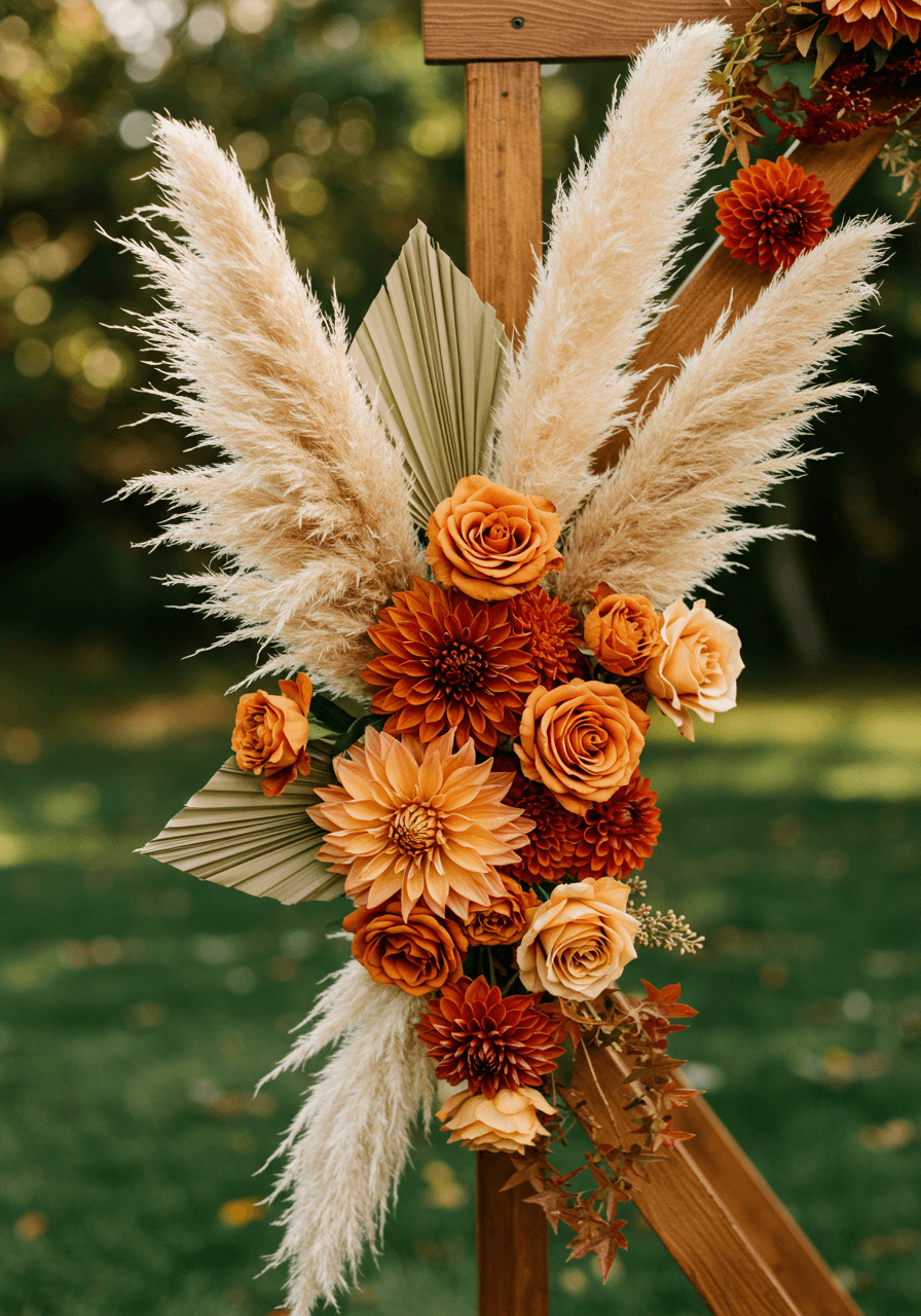 Close-up detail of pampas grass and rust dahlias arranged in wedding arch