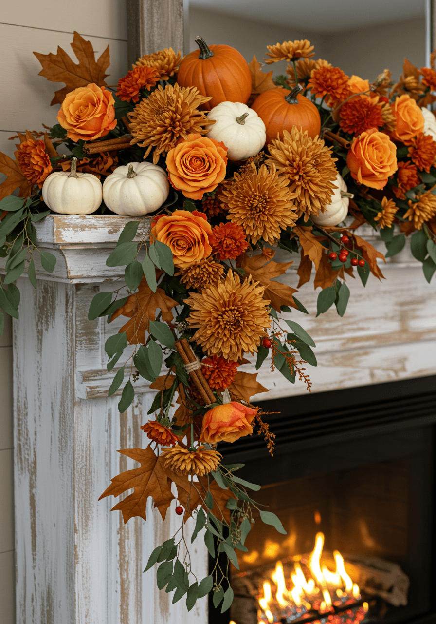 Overflowing pumpkin spice coloured flowers cascading from white farmhouse mantle