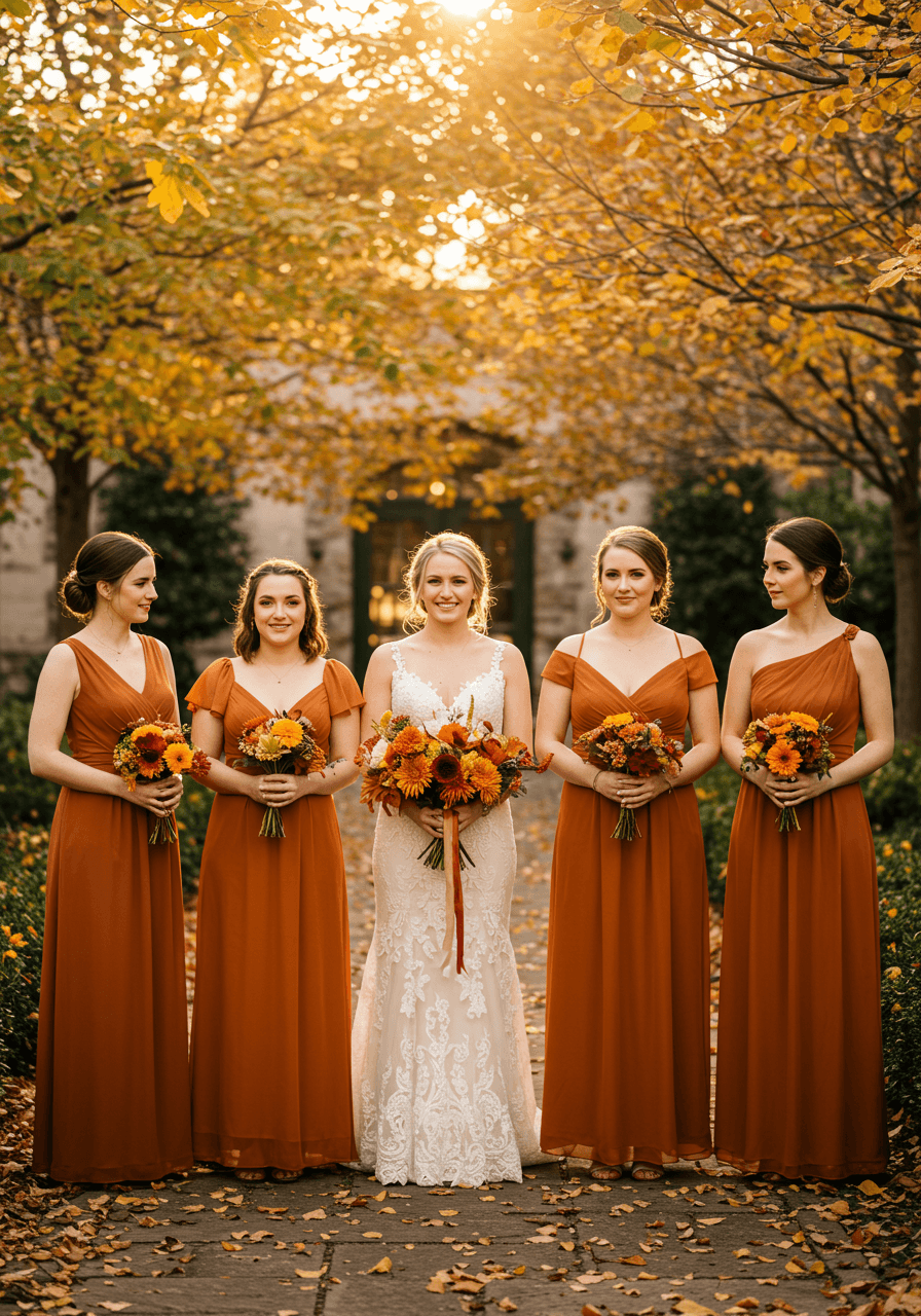 Five bridesmaids in varying rust-coloured dresses standing in sunlit garden courtyard