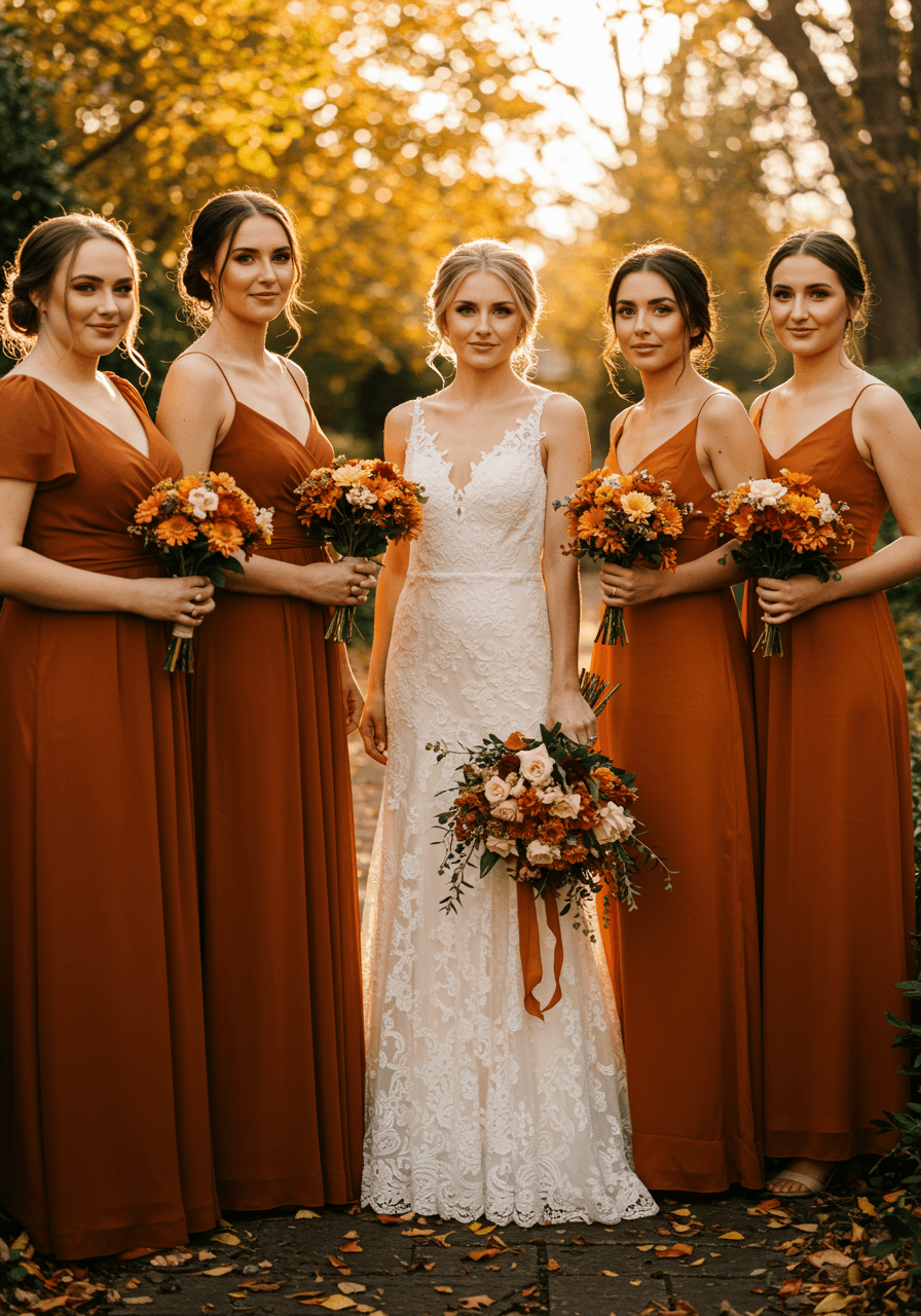 Close-up of bridesmaids in rust dresses with autumn foliage backdrop