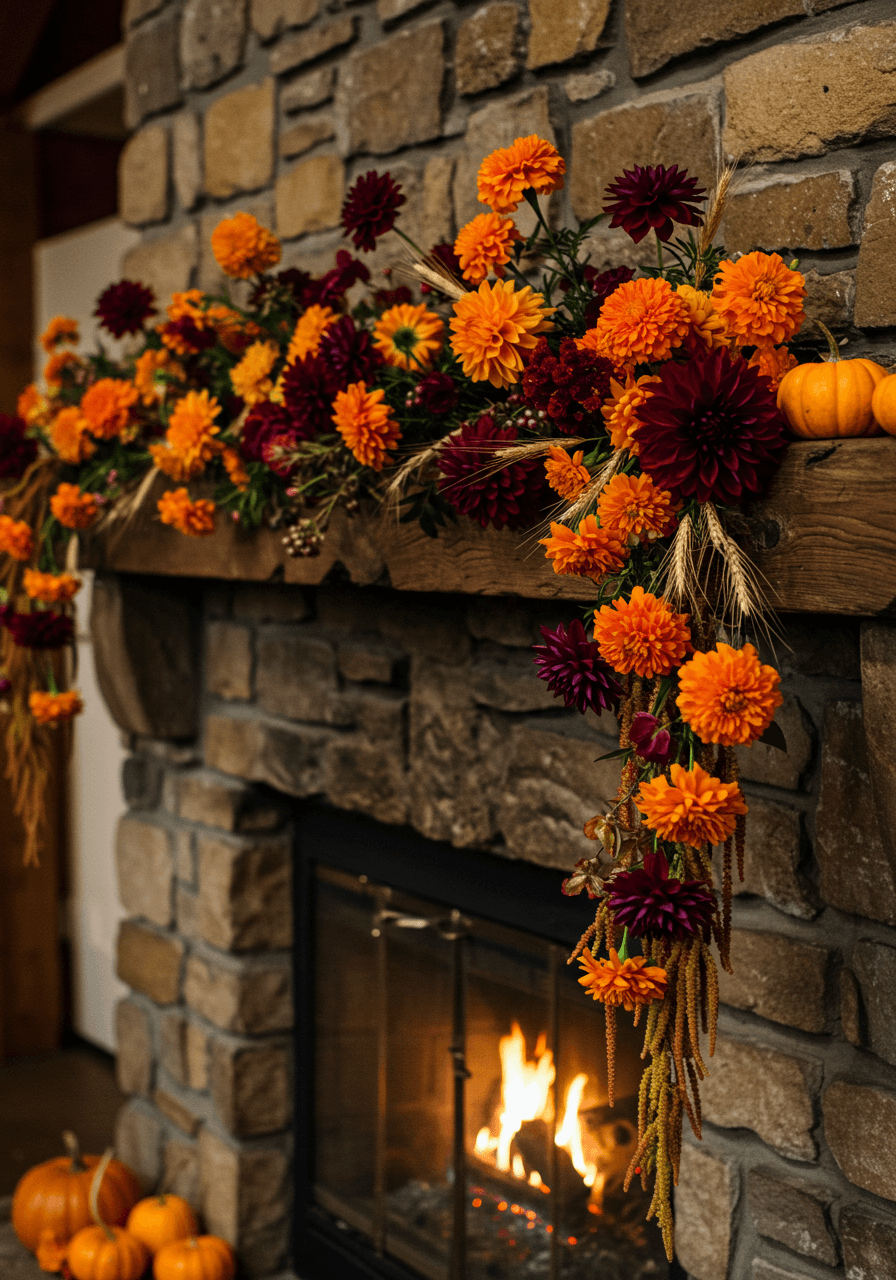 Close-up of orange marigolds and burgundy dahlias on fireplace mantle