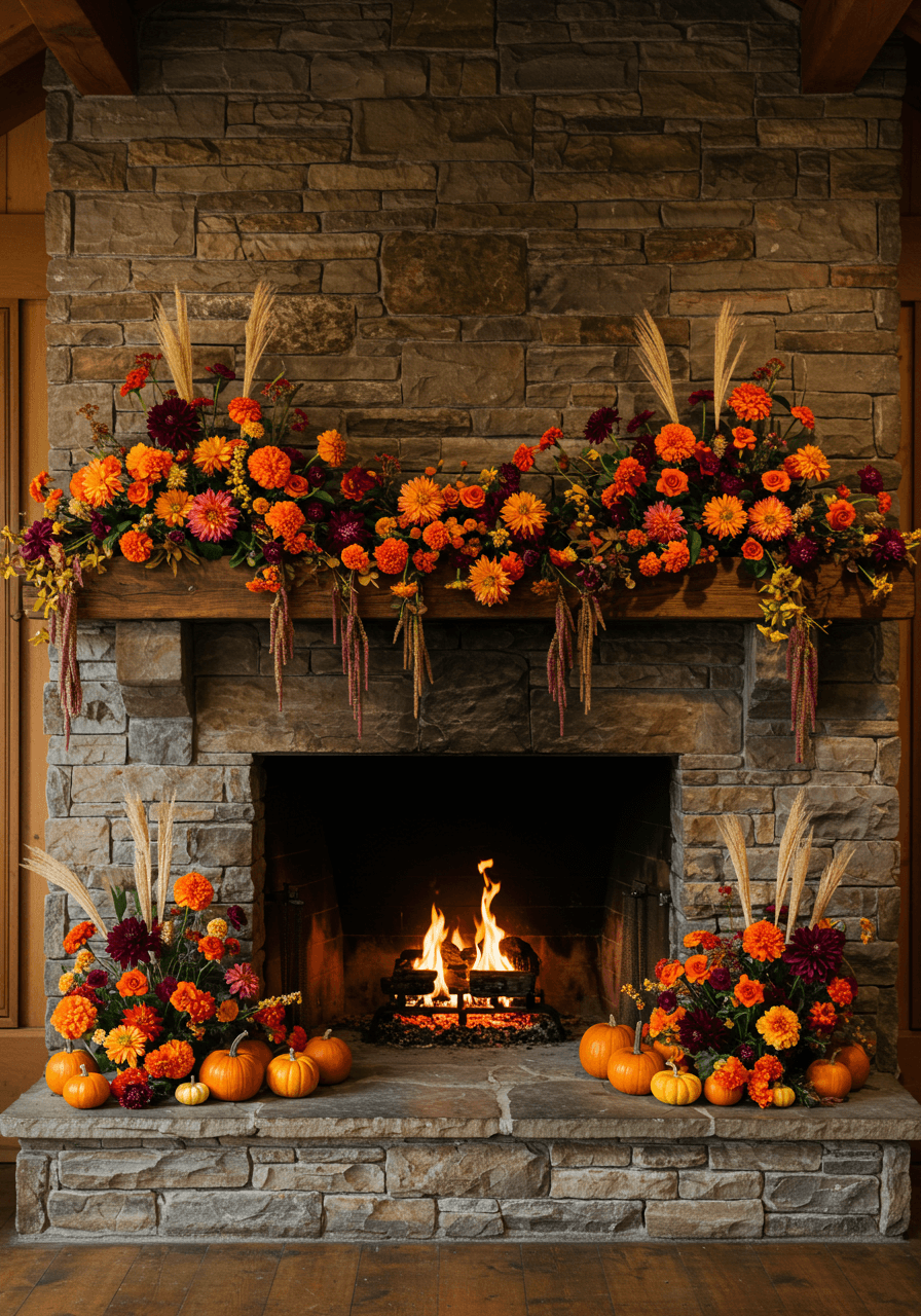 Rustic stone fireplace mantle with cascading autumn florals