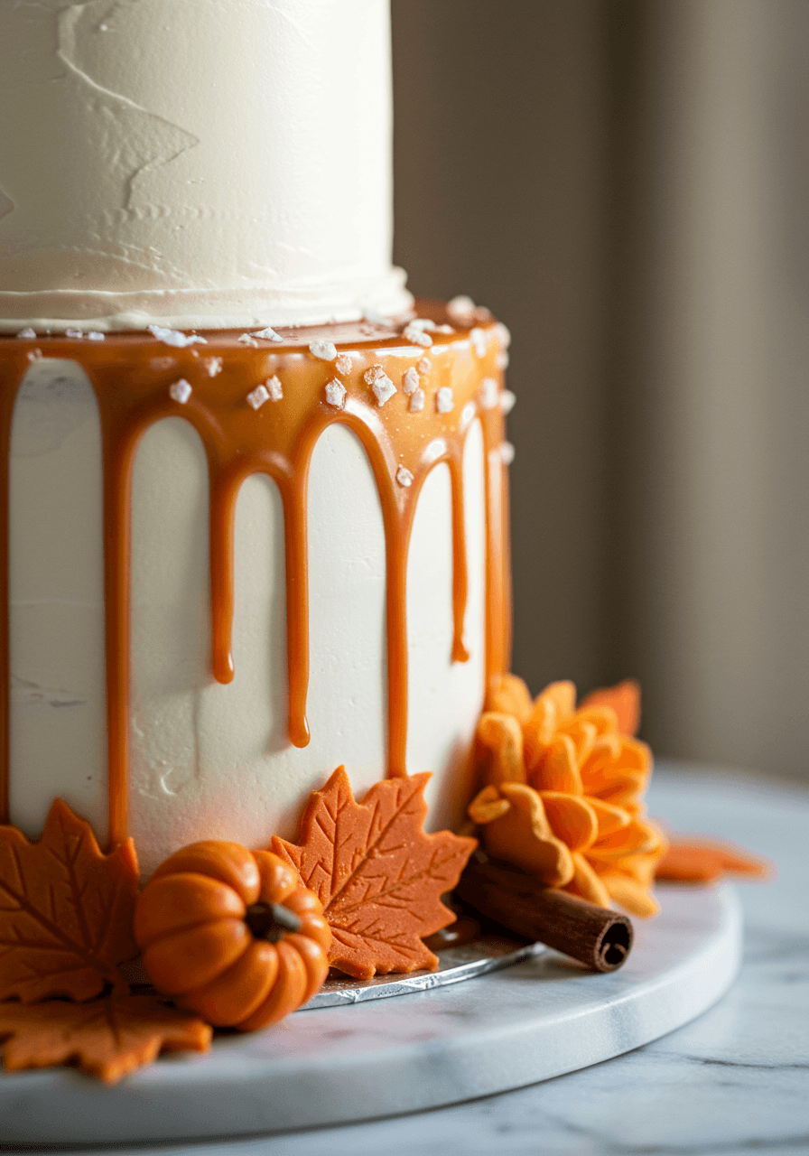 Macro detail of salted caramel dripping down white wedding cake