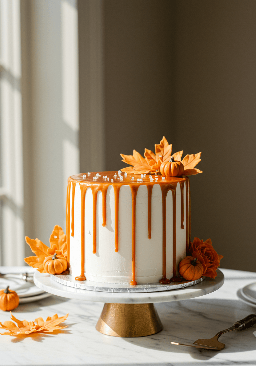 Wide angle view of minimalist wedding cake with caramel drip and autumn flowers