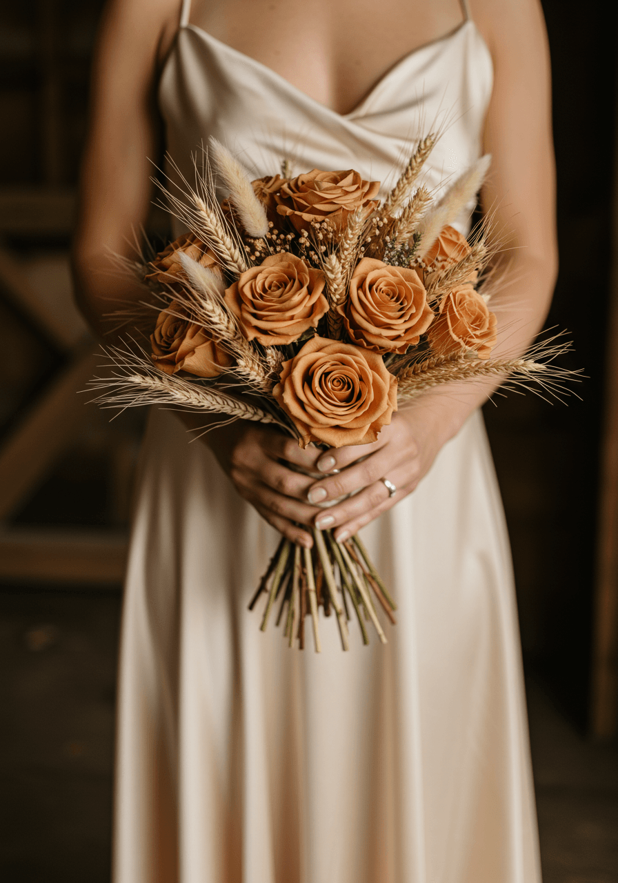 Bridal bouquet of toffee roses with dried pampas grass in rustic barn setting