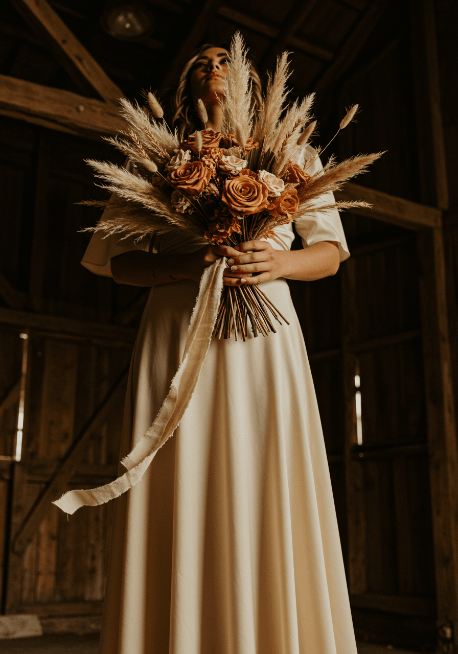 Bride in cream silk dress holding toffee rose bouquet in barn silhouette