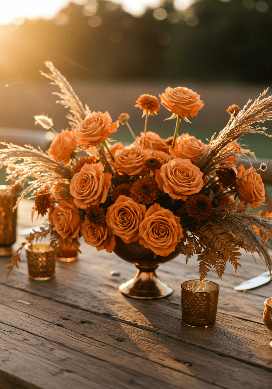 Wedding centrepiece of toffee roses and dried grasses in copper vessel on rustic wooden table