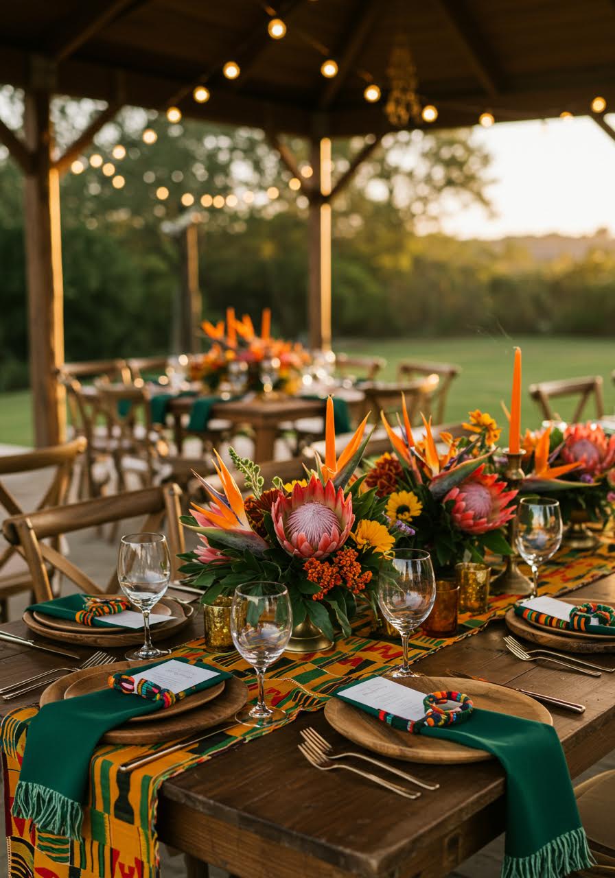 Bold African-Caribbean multicultural wedding table decoration with vibrant colors
