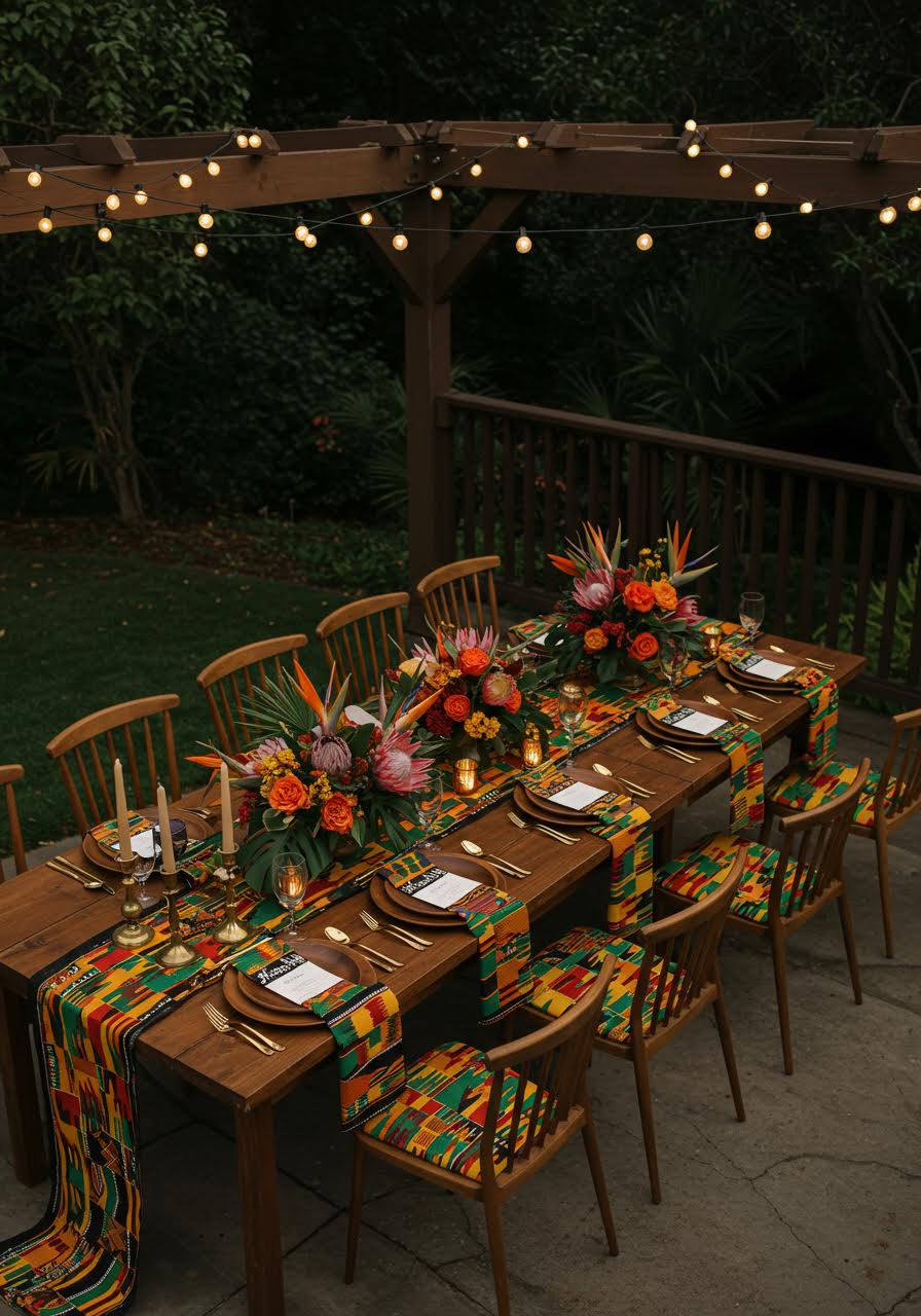 Colorful multicultural wedding reception featuring African-Caribbean design elements