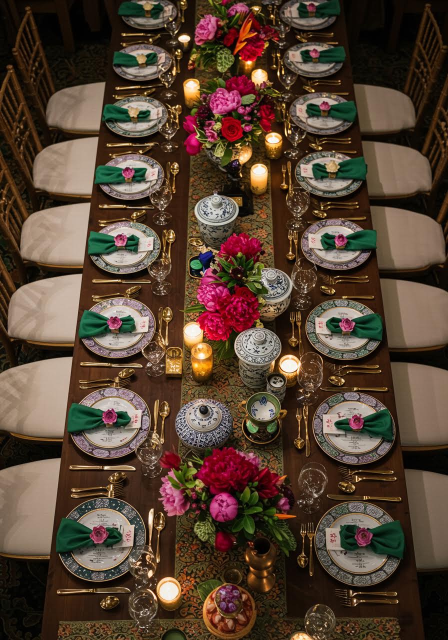 Elegant multicultural wedding dining setup celebrating Chinese and Thai heritage