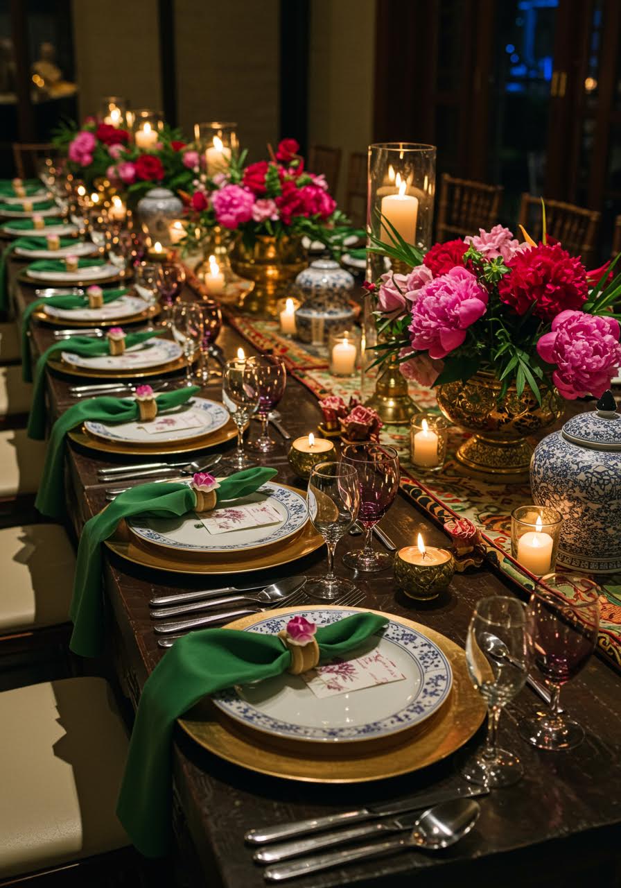 Traditional Asian fusion wedding tablescape with cultural symbols