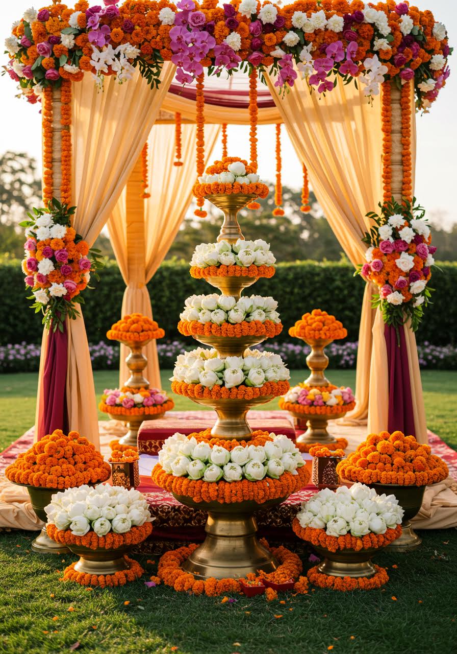 Ornate Hindu-Buddhist multicultural wedding mandap with floral arrangements