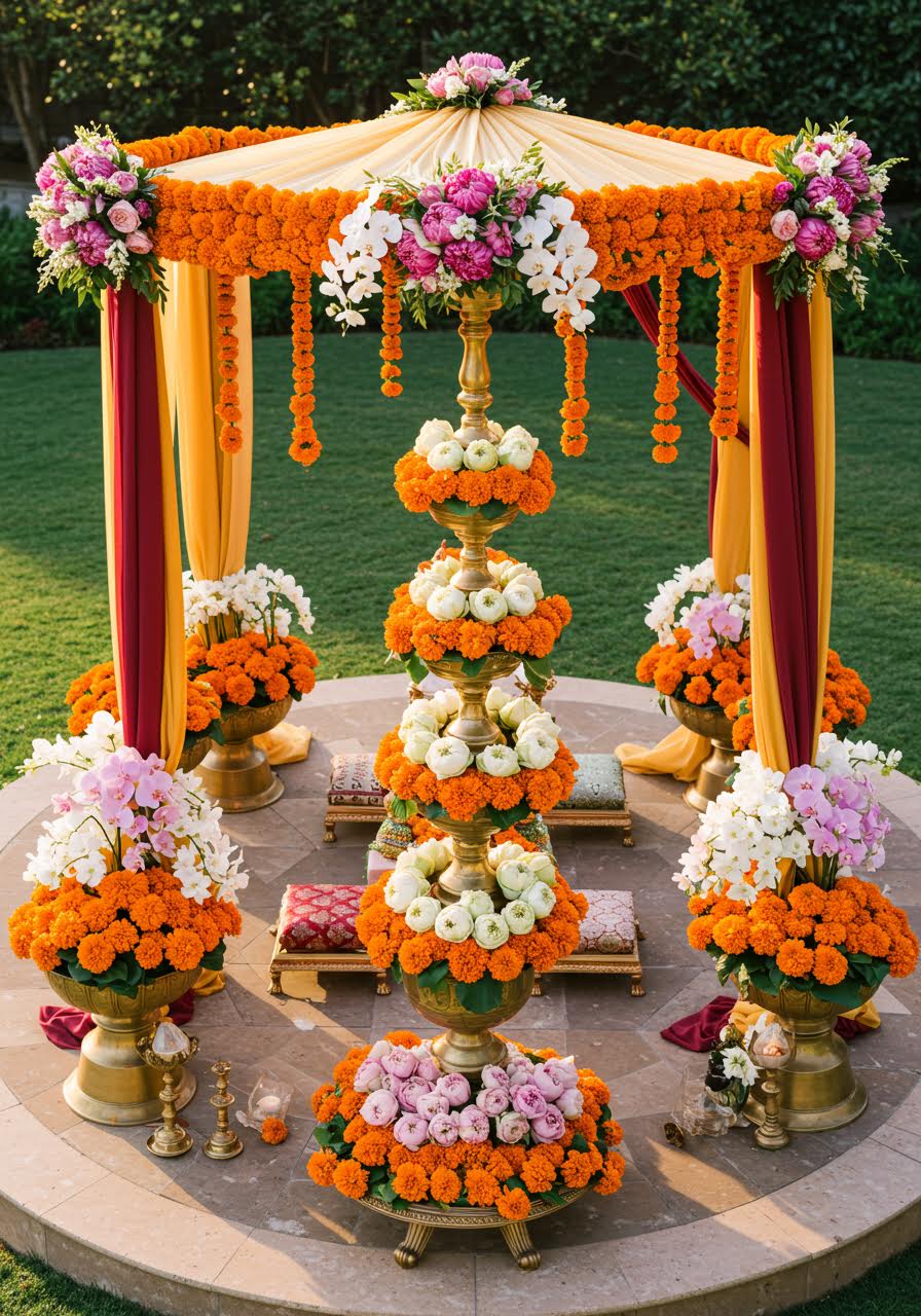 Spiritual Hindu-Buddhist wedding floral mandap setup