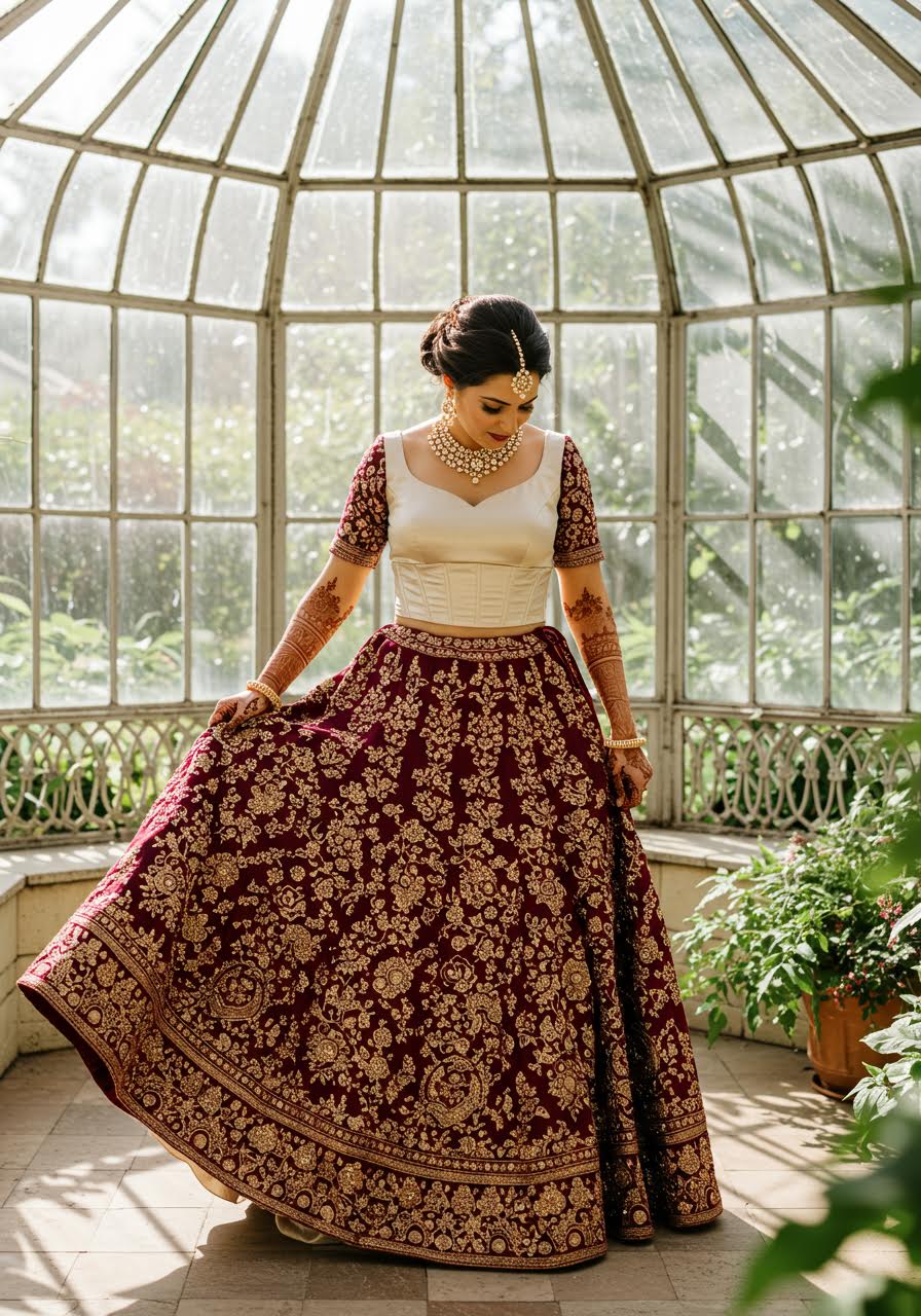 Multicultural bride showcasing fusion wedding attire against botanical backdrop