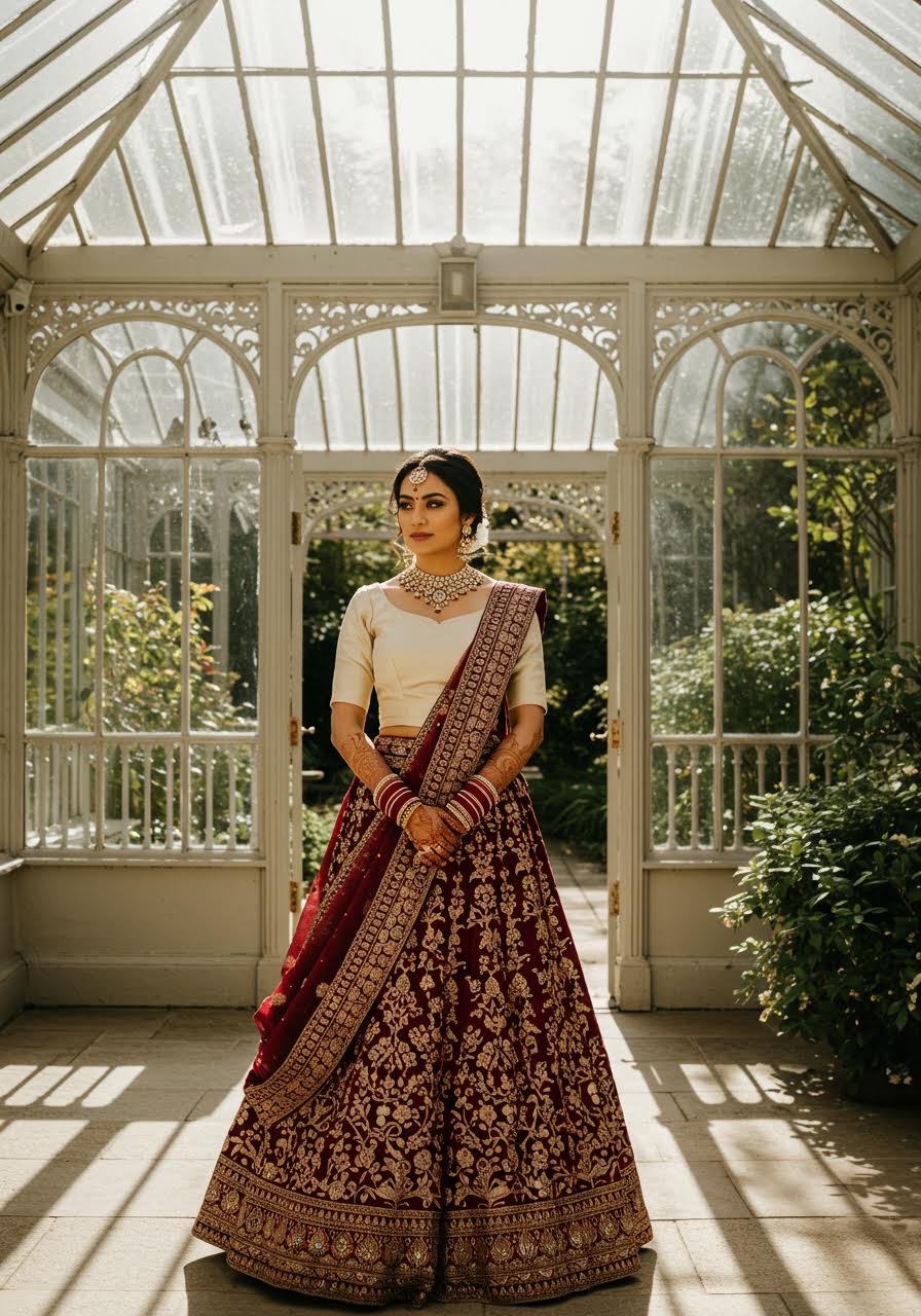 Indian-British fusion bridal portrait in elegant glass conservatory