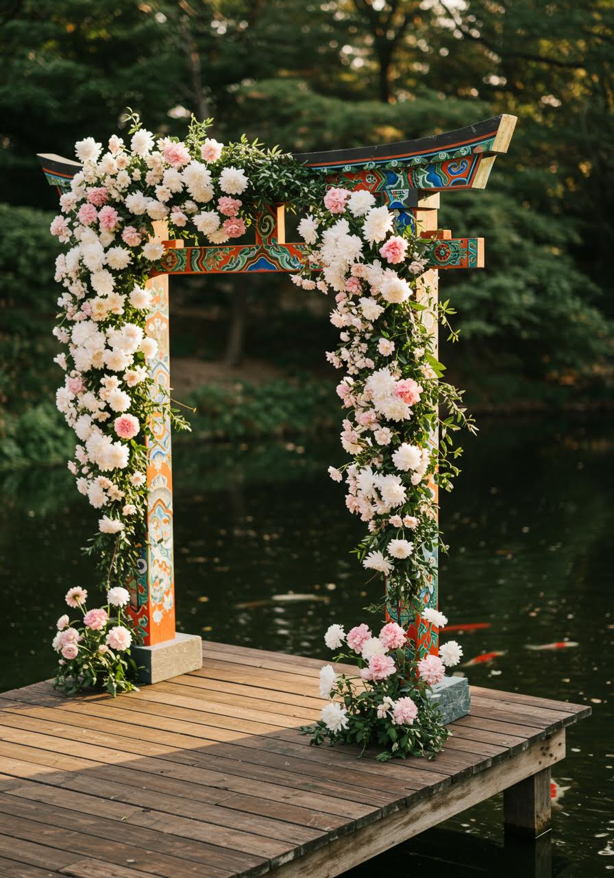 Architectural Japanese-Korean wedding arch with cultural fusion details
