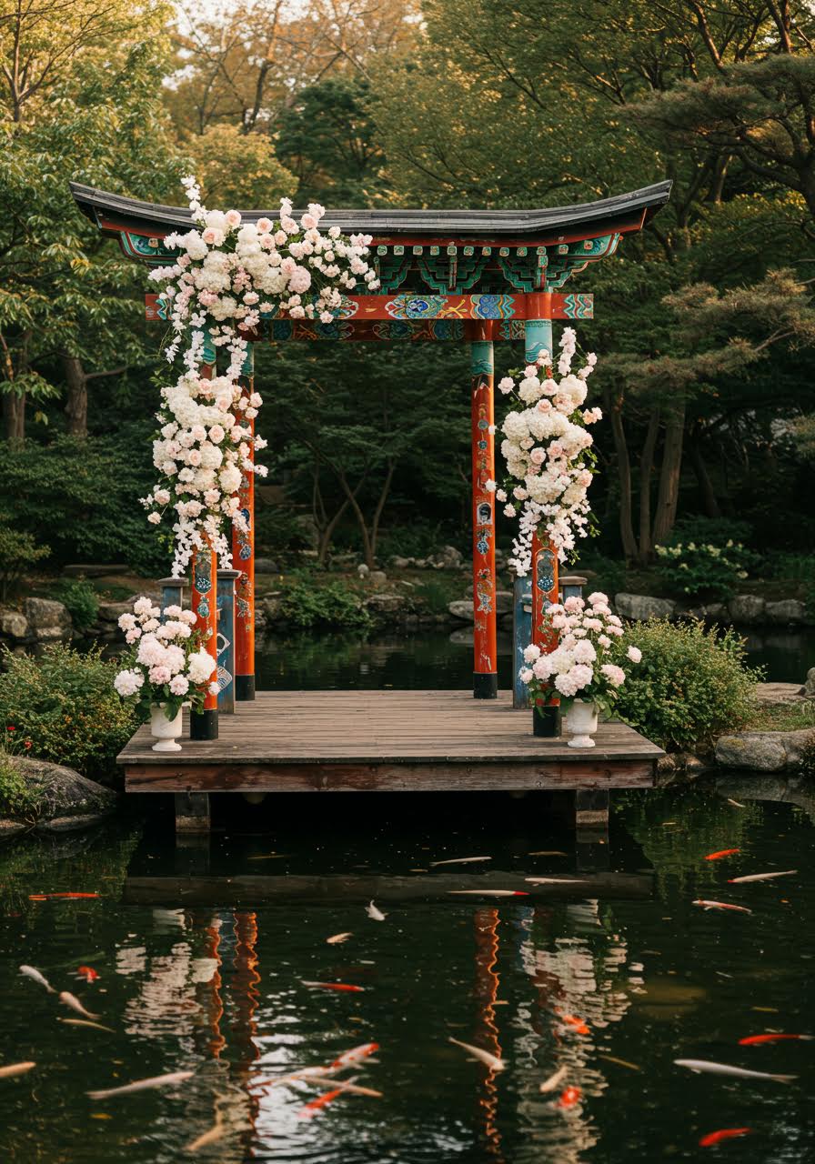 Contemporary fusion wedding arch blending Japanese and Korean design