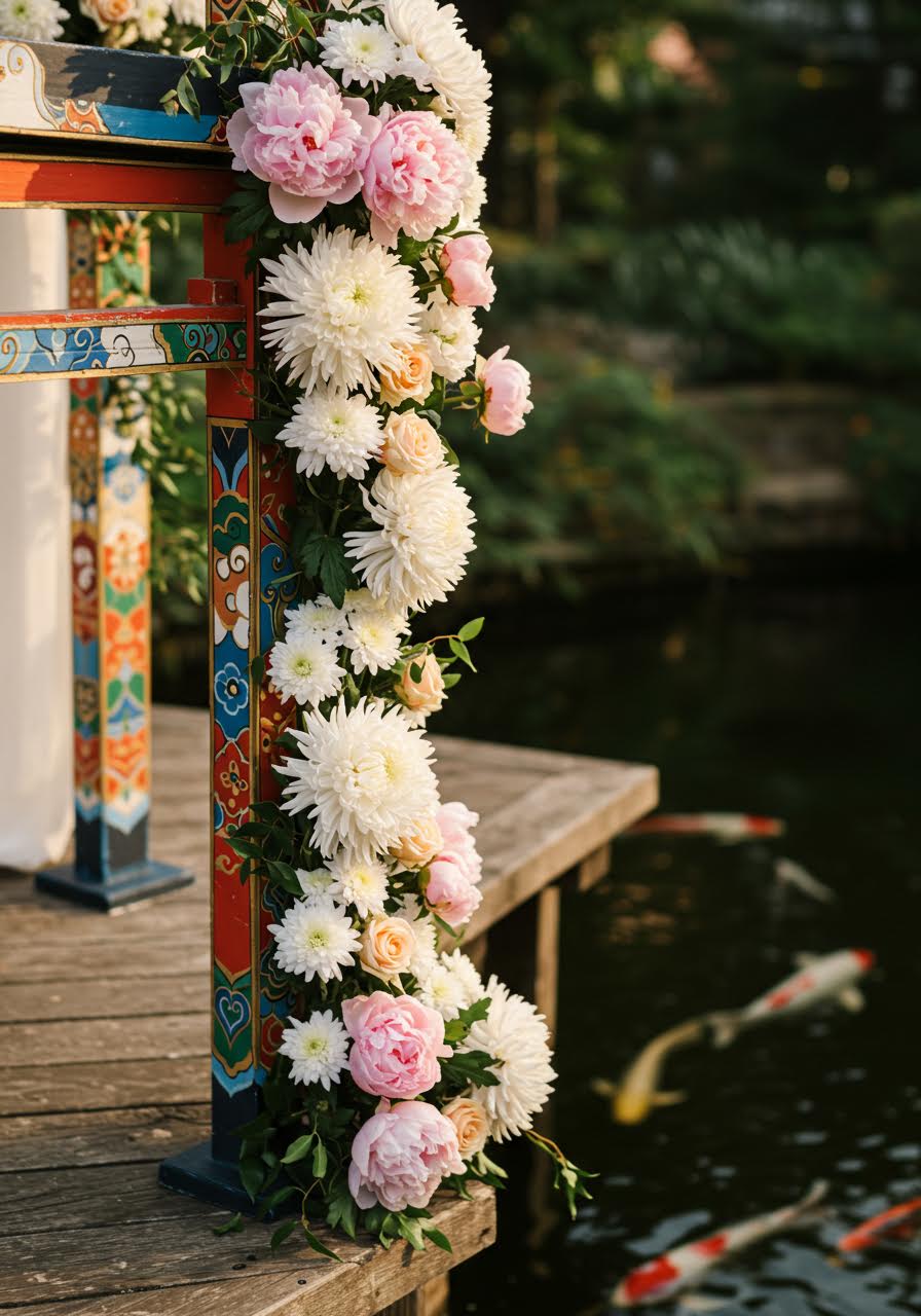 Minimalist Korean-Japanese wedding ceremony arch with natural elements