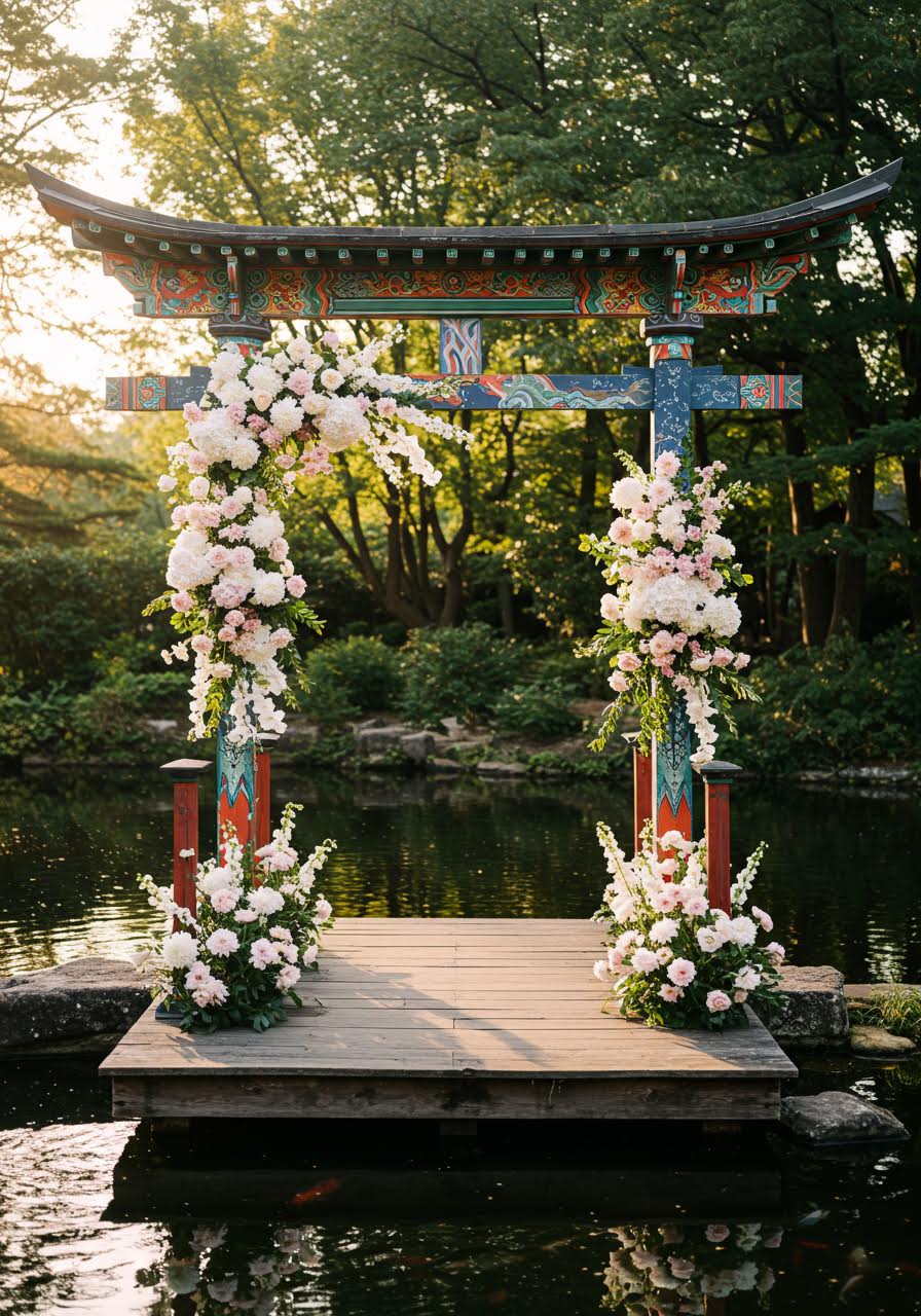 Elegant Asian-inspired multicultural wedding arch design
