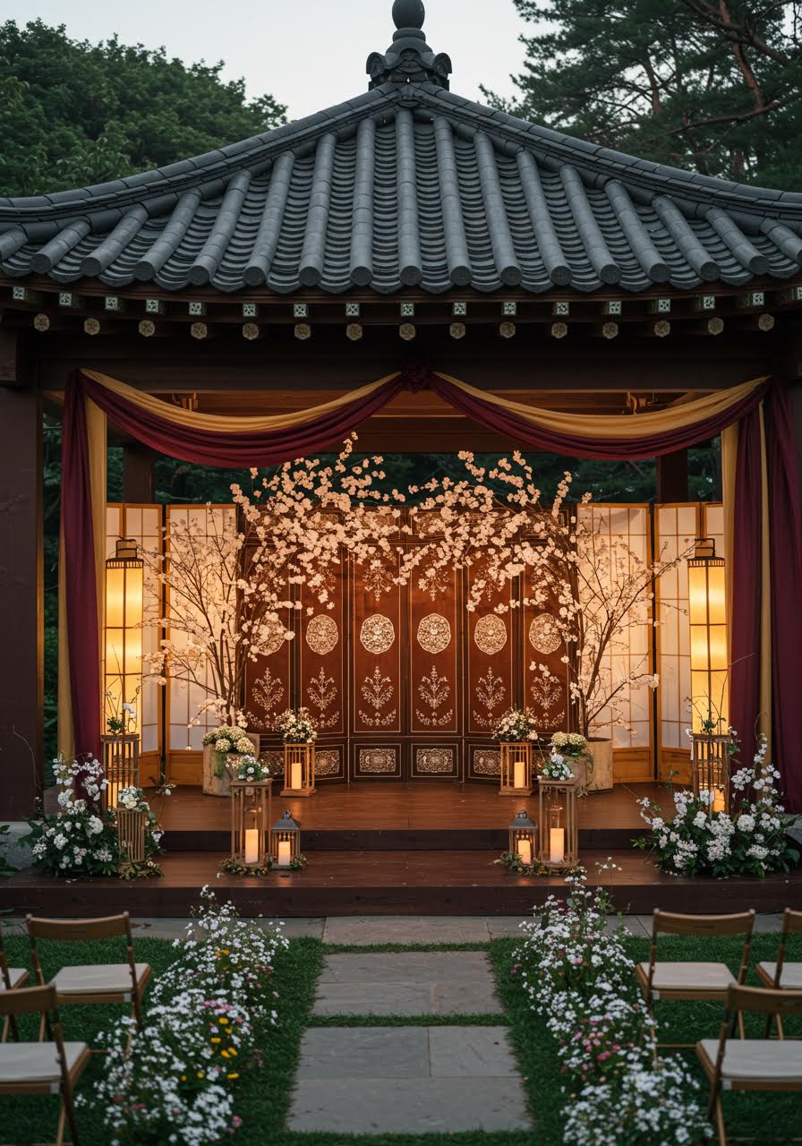 Minimalist Korean-Japanese fusion wedding ceremony setting in nature