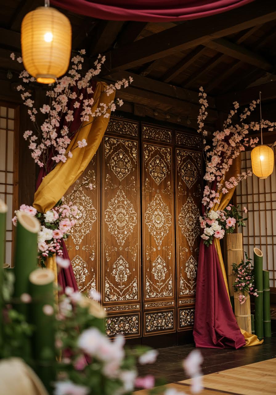 Peaceful multicultural wedding backdrop featuring Asian garden aesthetics
