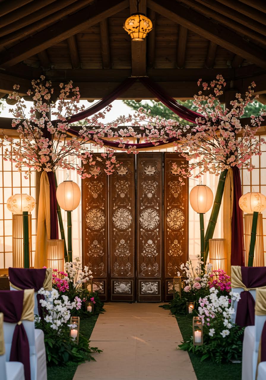 Serene Japanese-Korean garden wedding ceremony with traditional elements