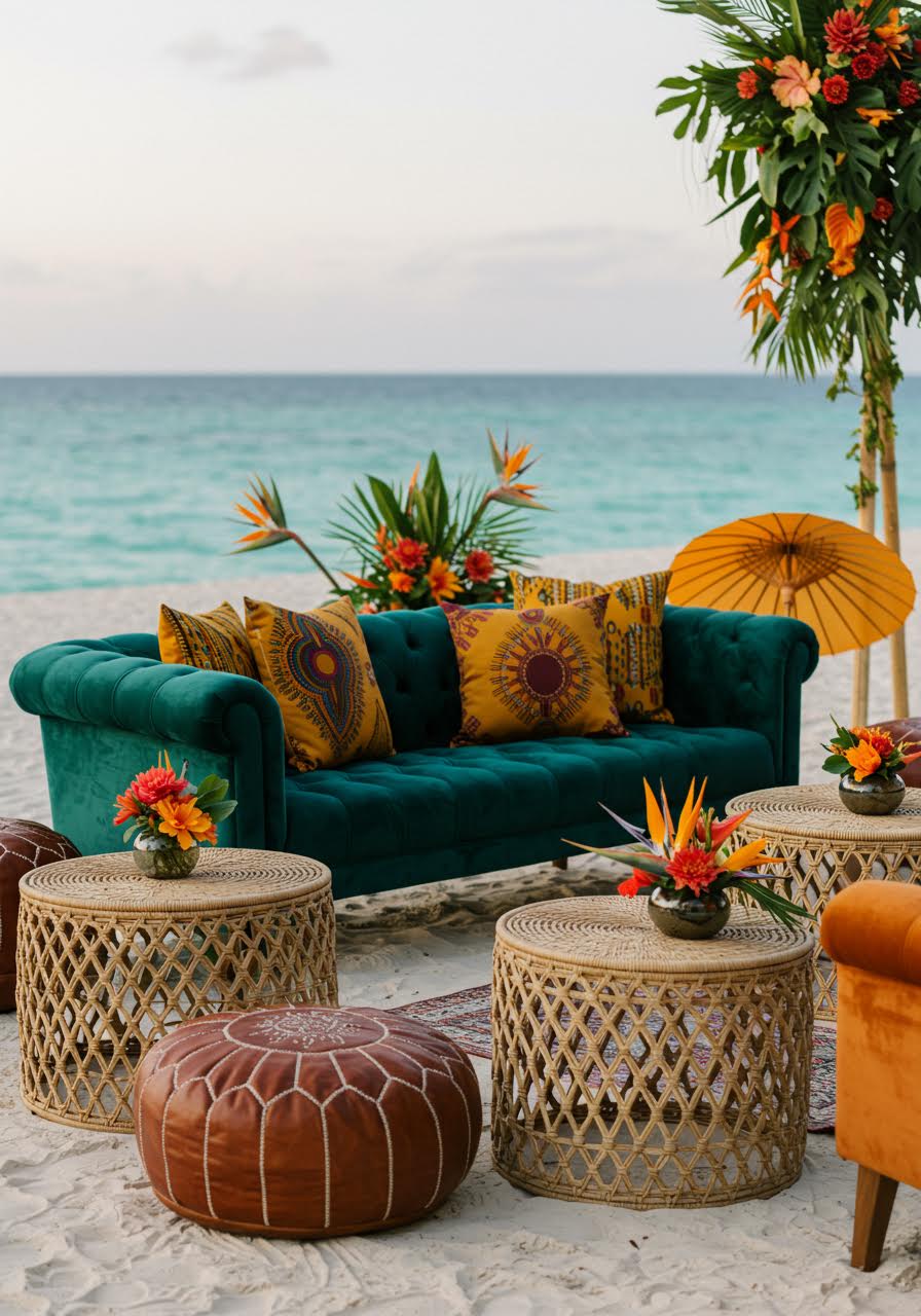 Tropical multicultural wedding reception lounge with ocean views