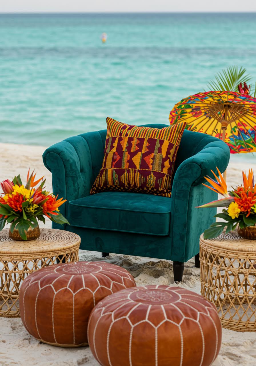 Luxury multicultural wedding lounge blending African and Caribbean aesthetics
