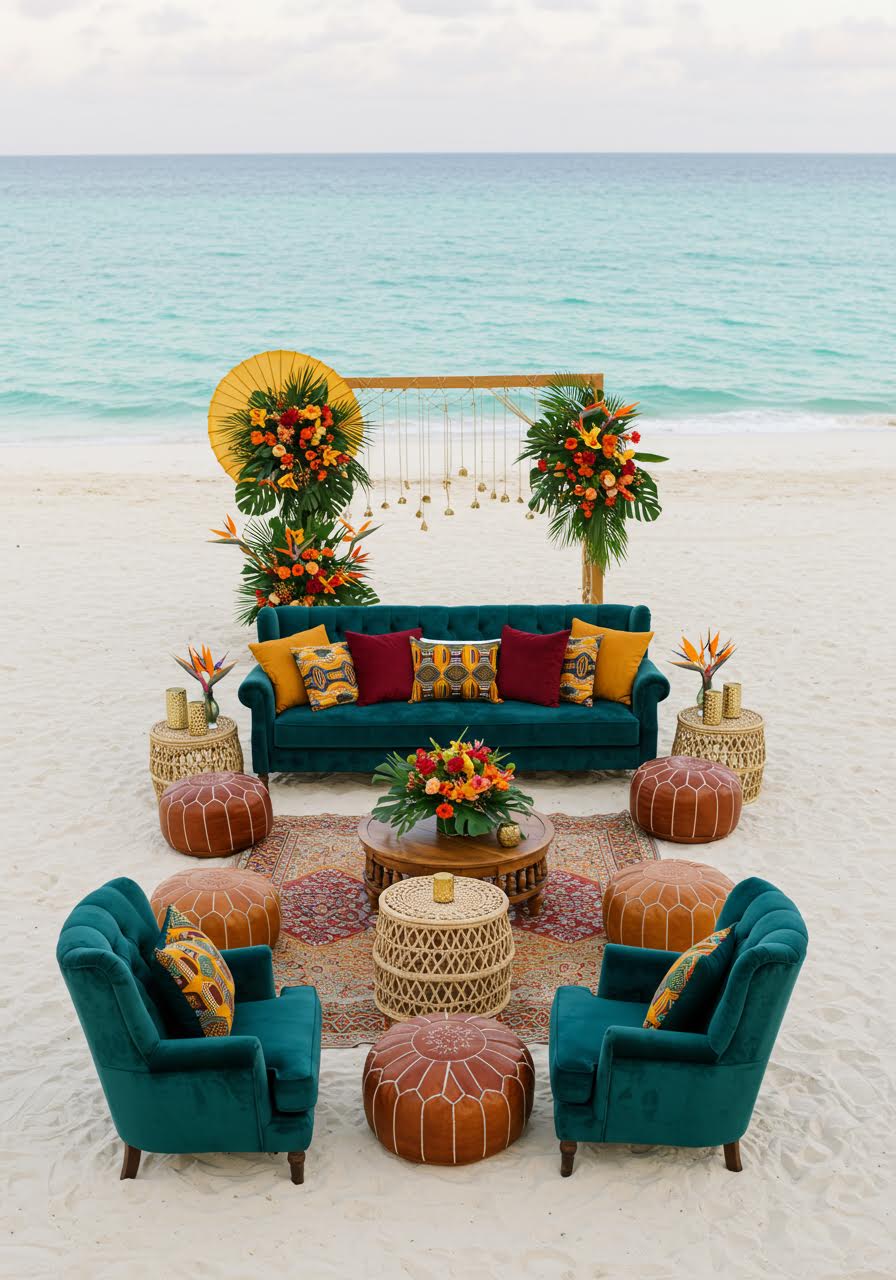 Sophisticated beach wedding seating area with cultural fusion design