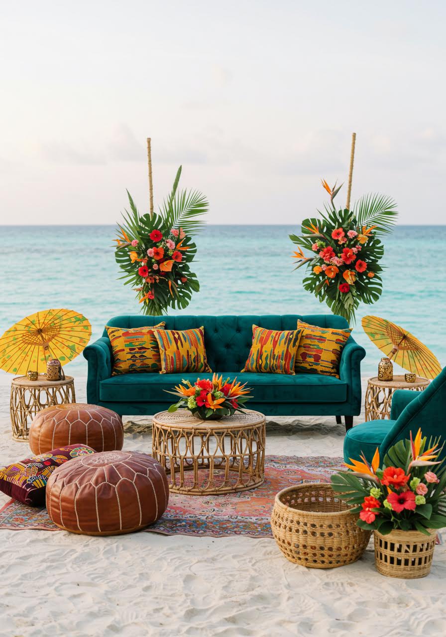 Elegant African-Caribbean beach wedding lounge setup