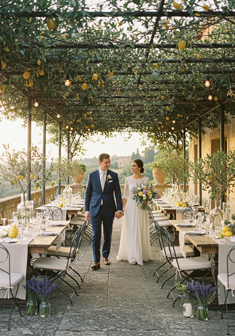 Romantic multicultural wedding couple strolling villa gardens