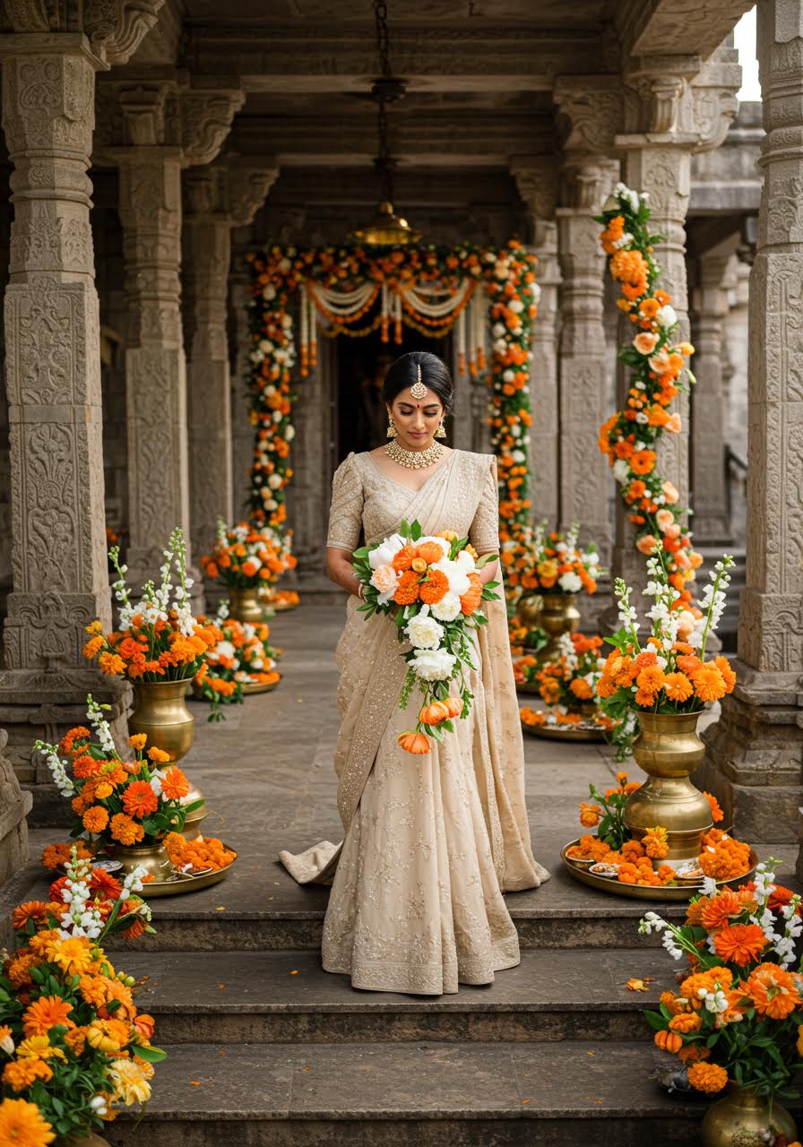 Serene multicultural bride in temple setting with traditional fusion dress