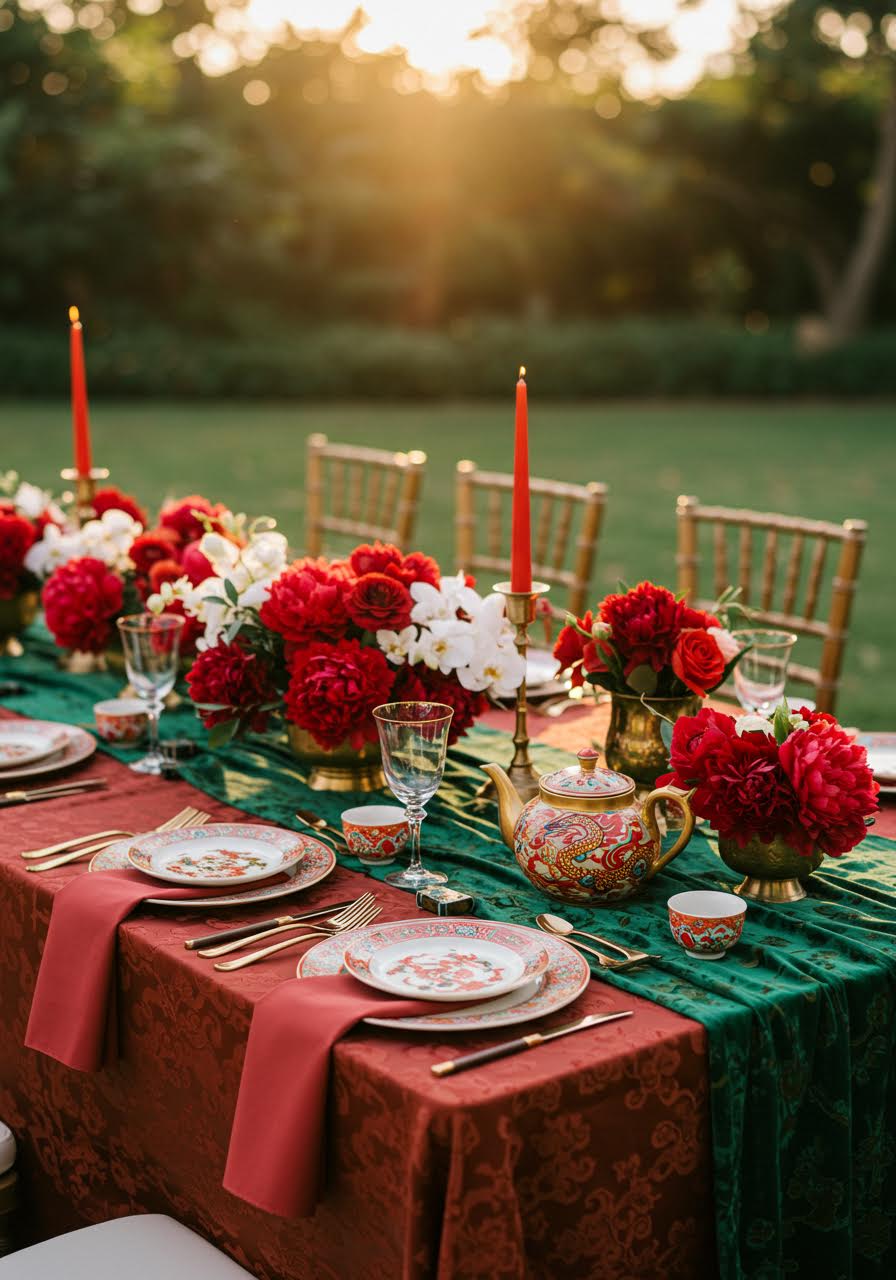 Ornate Chinese-Thai multicultural wedding reception table design