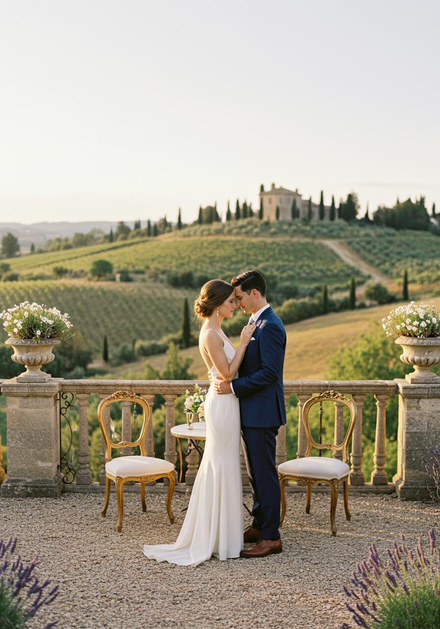 Elegant European fusion wedding venue styling in countryside setting