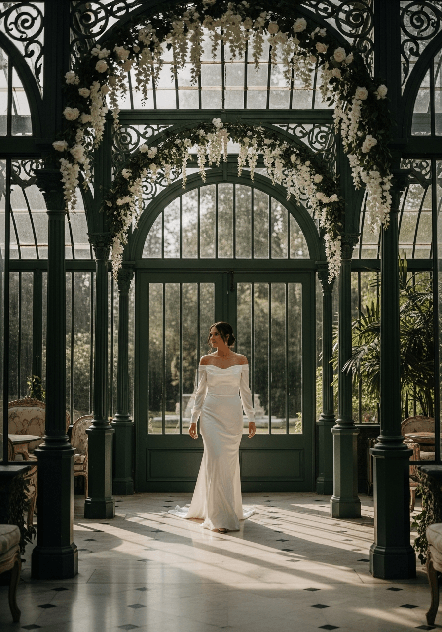 Bride in elegant off-shoulder silk gown walking through classical conservatory with ornate iron framework and glass panels