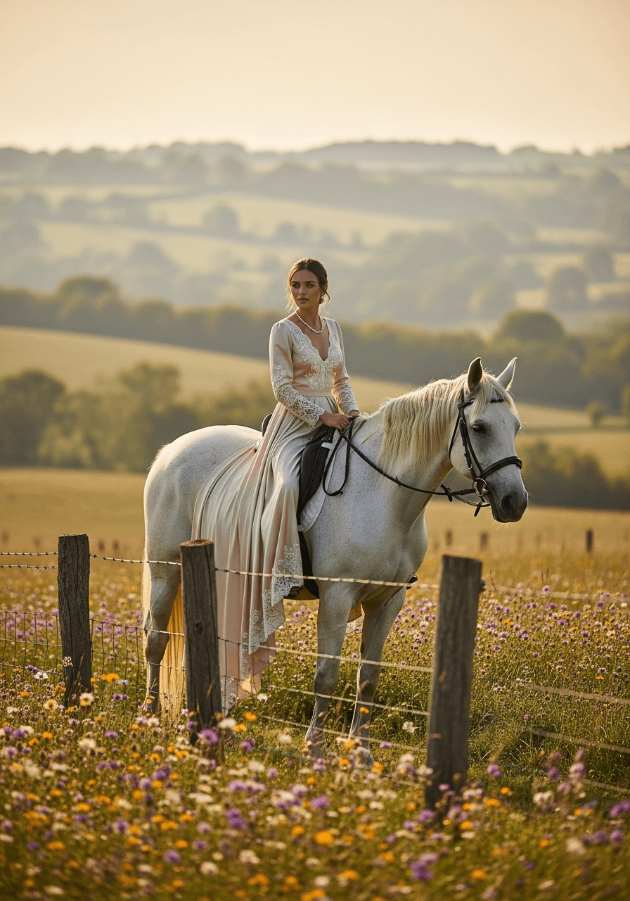Bride in flowing champagne silk gown seated sidesaddle on white horse in expansive English countryside meadow during golden hour