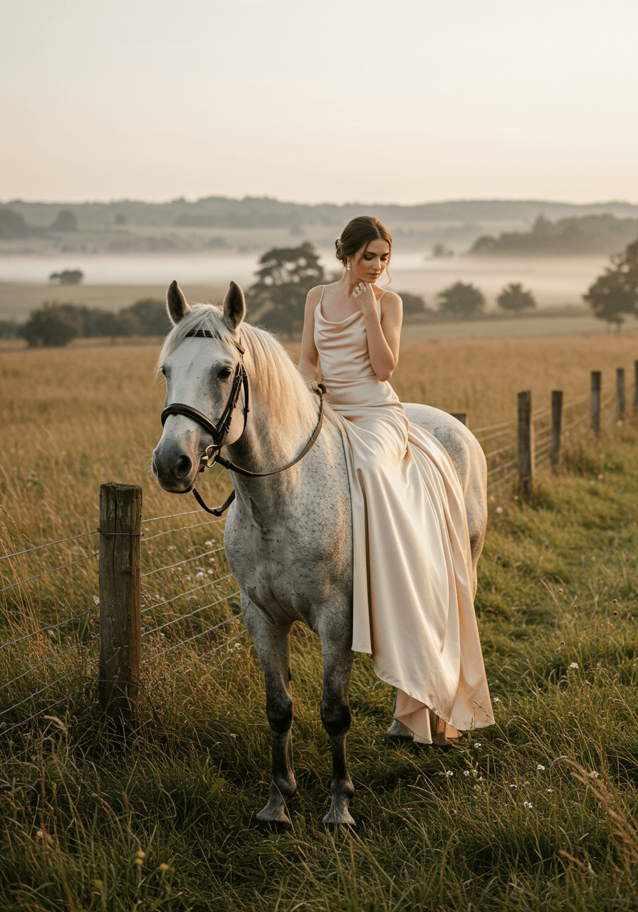 Wide countryside view of bride on horseback with misty rolling hills and wildflowers creating romantic pastoral setting