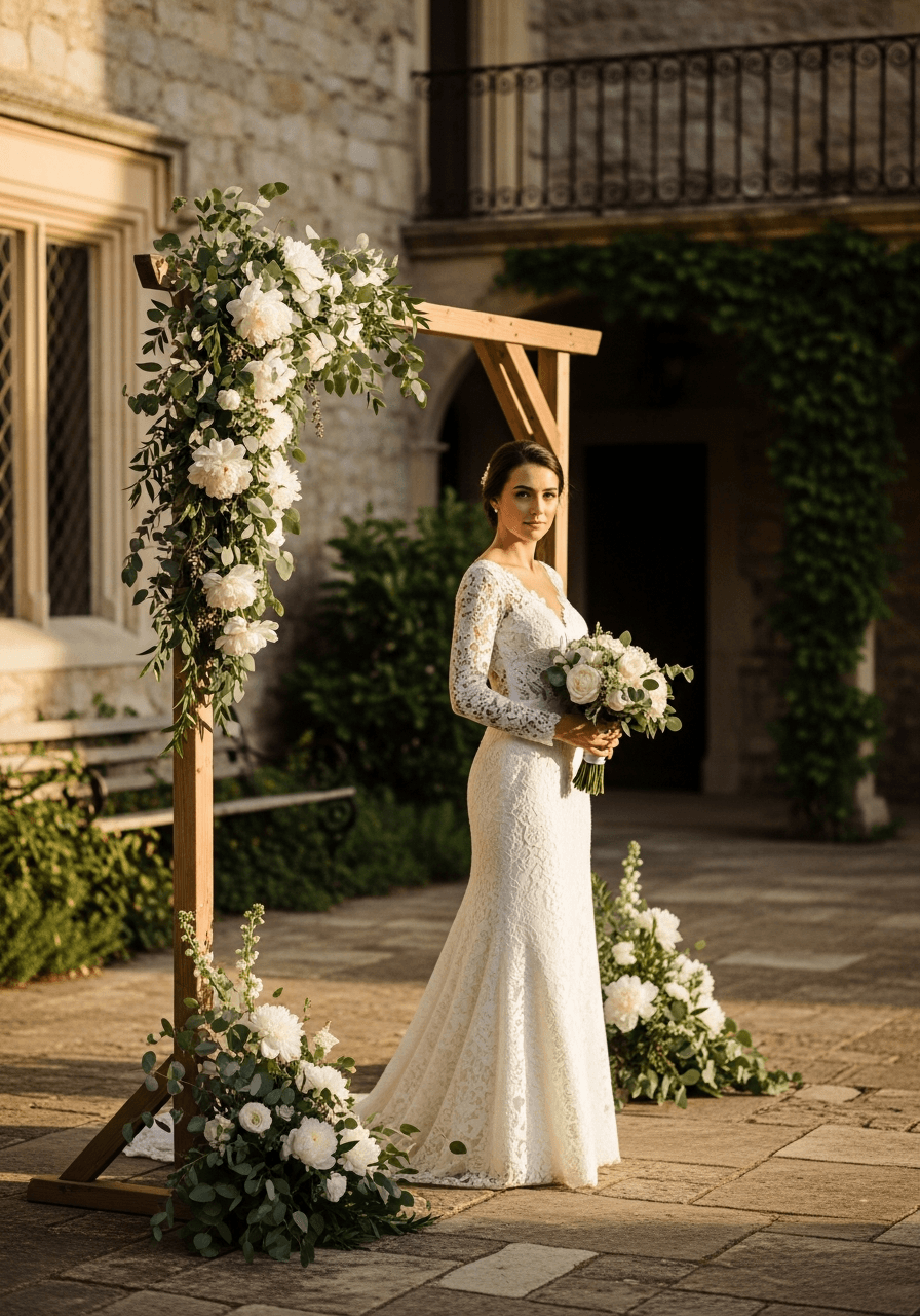 Elegant bride in classic lace gown standing beside vintage wooden ceremony arch with white peonies in historic manor garden courtyard