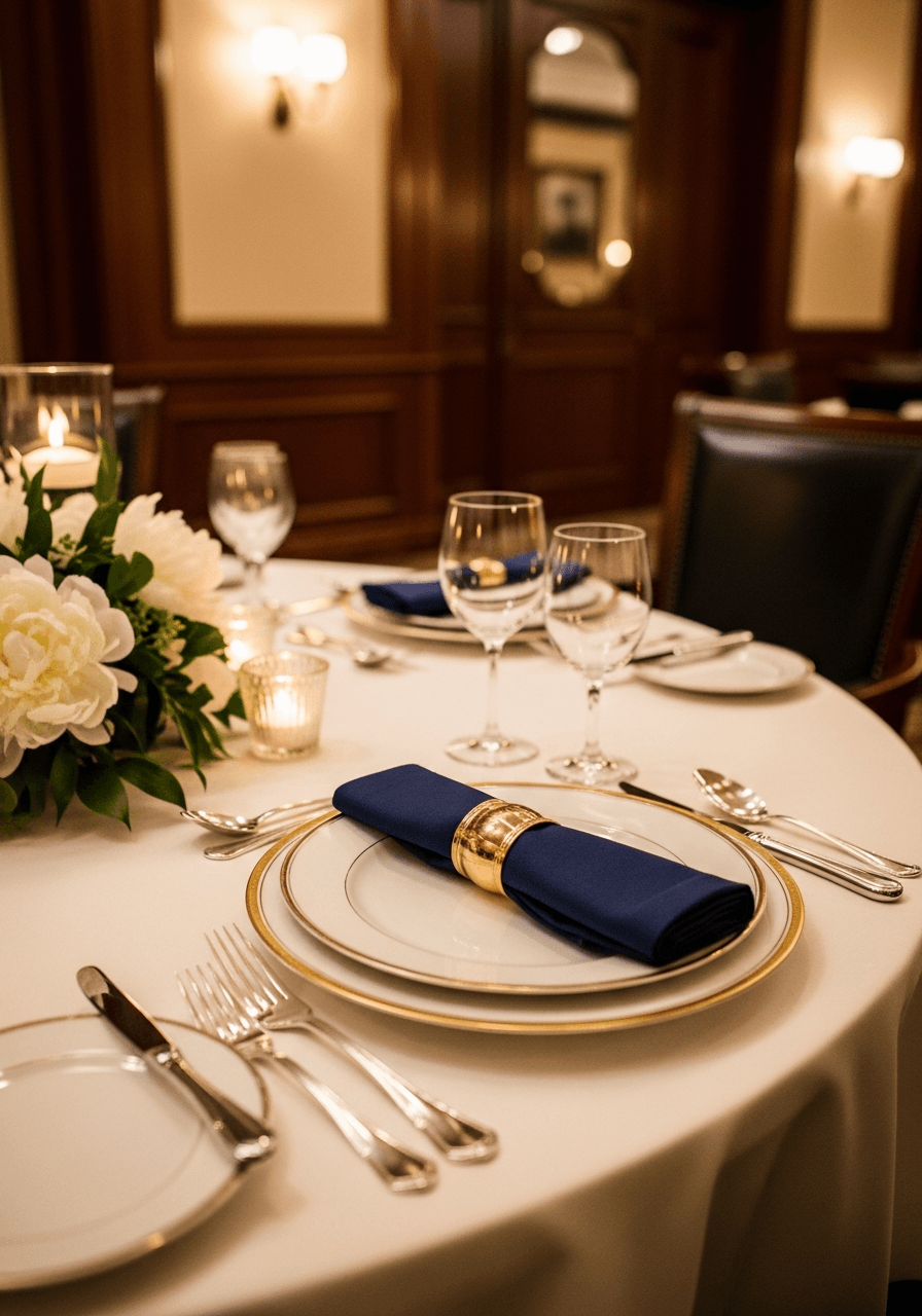Elegant wedding reception table set with fine bone china and sterling silver in distinguished country club dining room