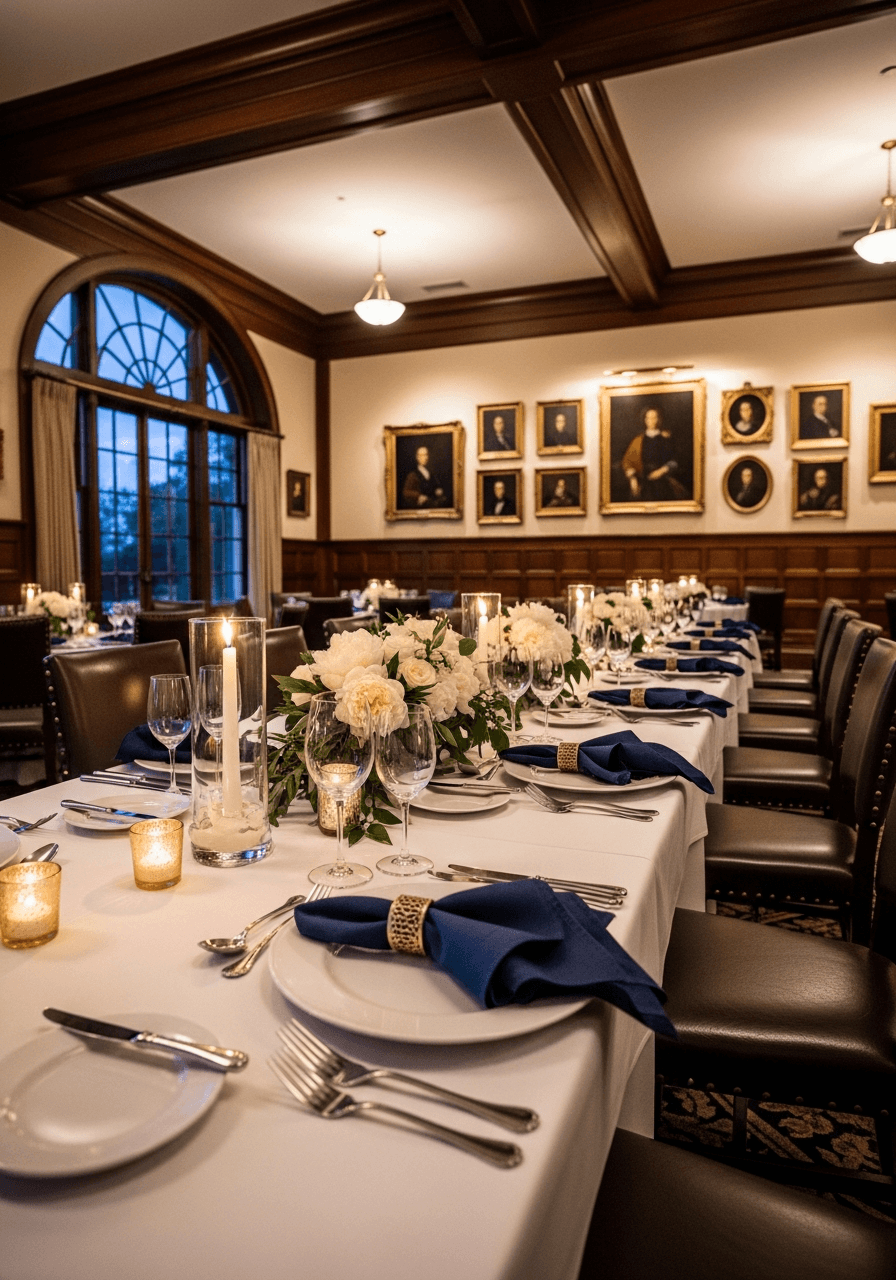 Wide view of formal dining room with leather chairs and oil paintings set for wedding reception with white peony centrepieces