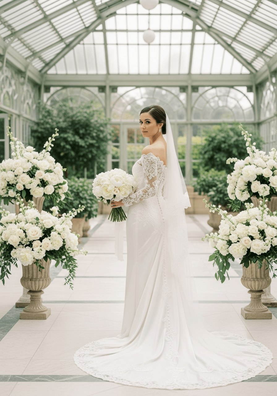 Bride in elegant ivory silk wedding gown with delicate lace details standing gracefully in marble conservatory surrounded by white peonies and cream roses