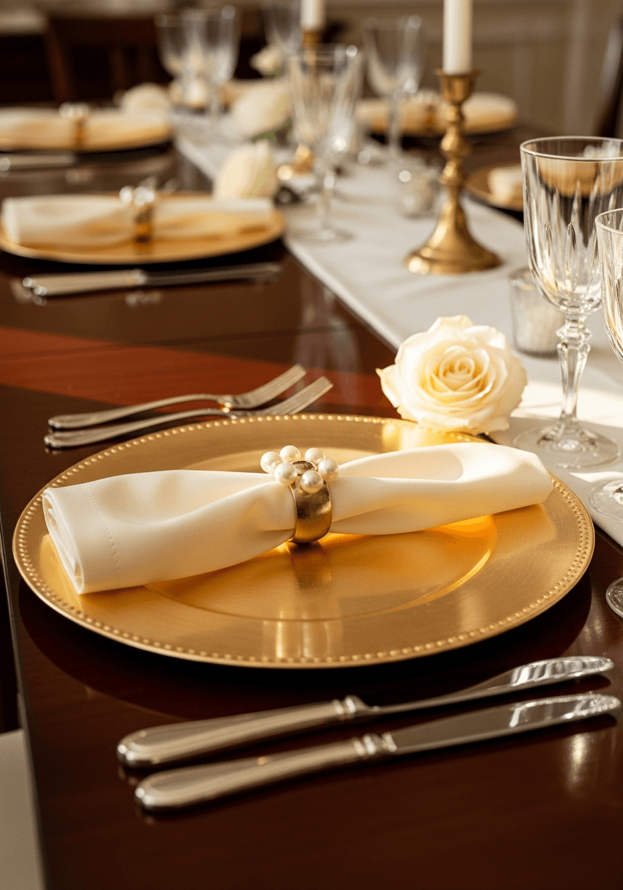 Close-up of elegant wedding tablescape featuring gold charger plates with pearl-adorned napkin rings and cream silk napkins